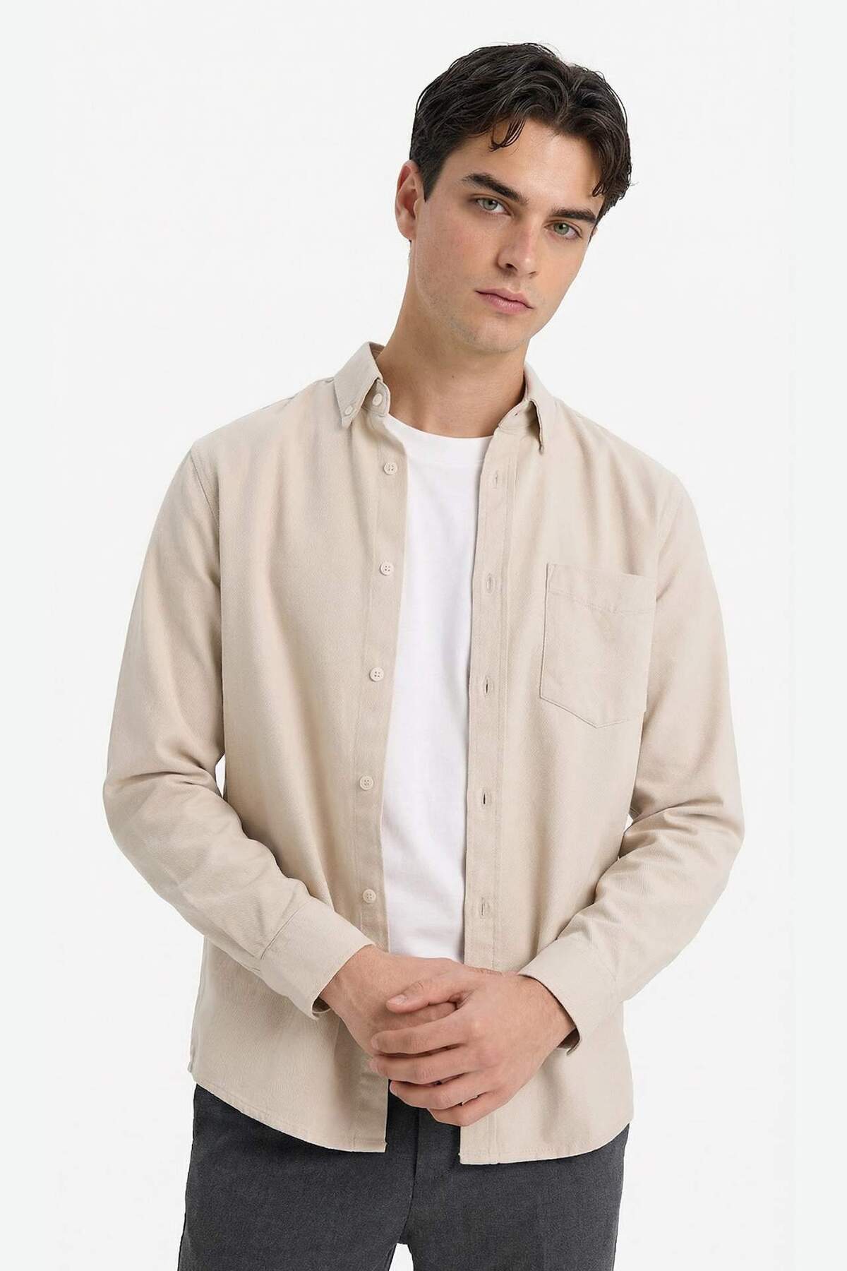 DeFacto %100 Pamuk Regular Fit Polo Yaka Gabardin Uzun Kollu Gömlek F1261AX26SP