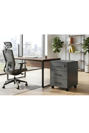 Sempre Keson Tekerlekli Ahşap, Merkez Kilitli Üç Çekmeceli ANTRASİT RENK