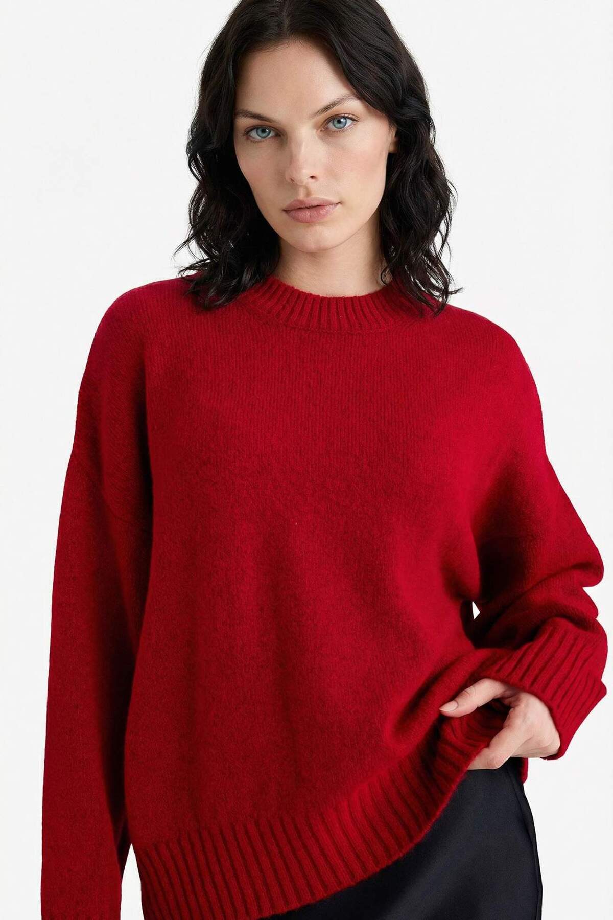 DeFacto Oversize Bisiklet Yaka Düşük Omuzlu Basic Triko Kazak F3895AX26SP görsel 3