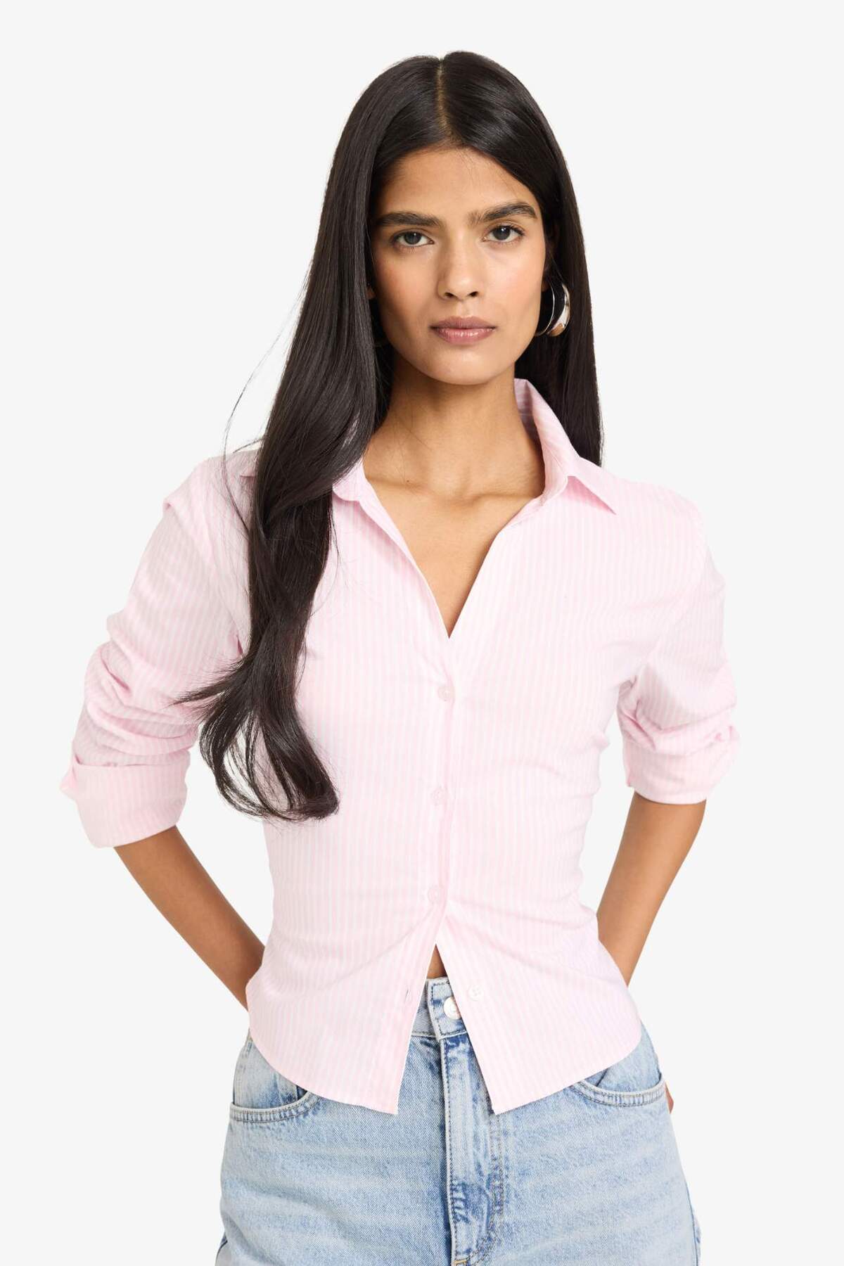 Defacto  Fitted Çizgili Bengalin Gömlek D4013AX26SP - Görsel 3