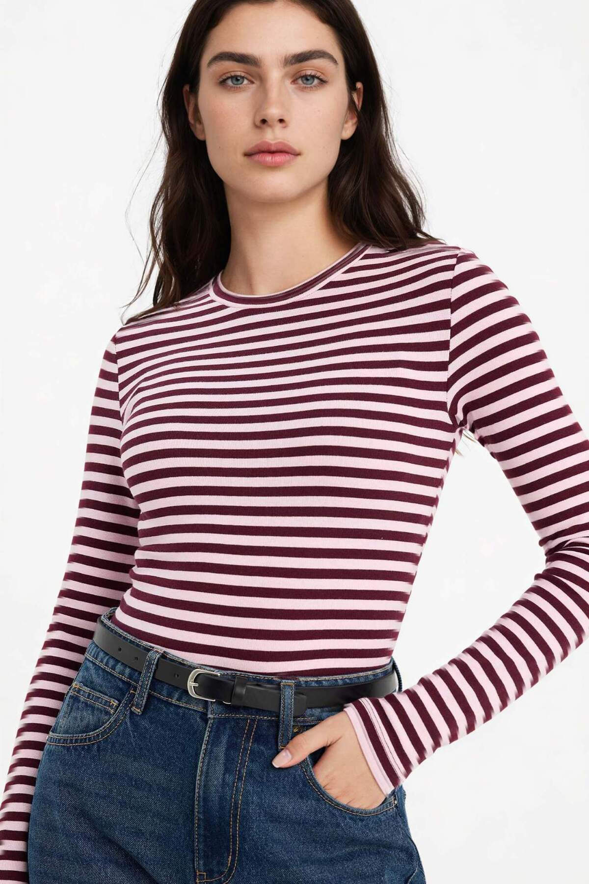 Defacto Loose Fit Striped Ribbed T-Shirt G8089Ax26Sp