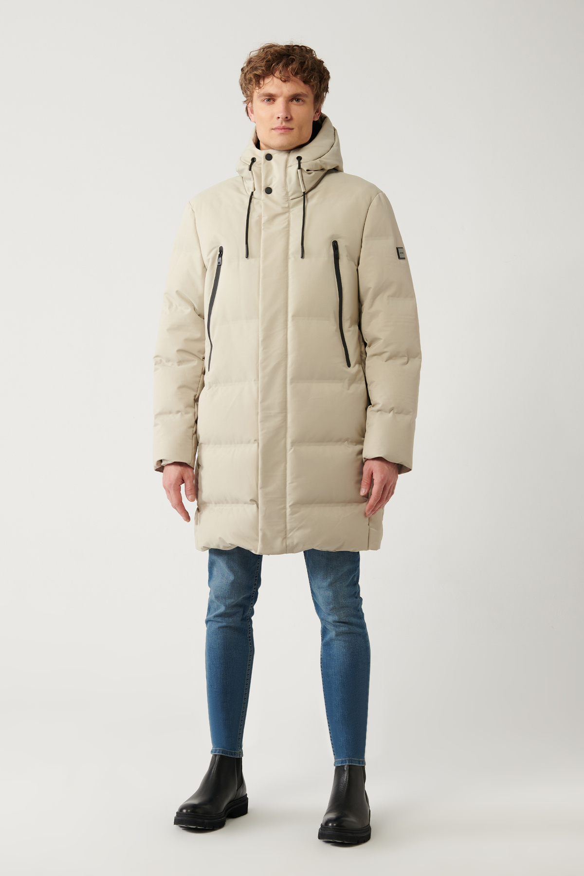 Avva  Erkek Bej Kapüşonlu Kuş Tüyü Dolgulu Su İtici Kumaşlı Uzun Kaban A32Y6047 - Görsel 7