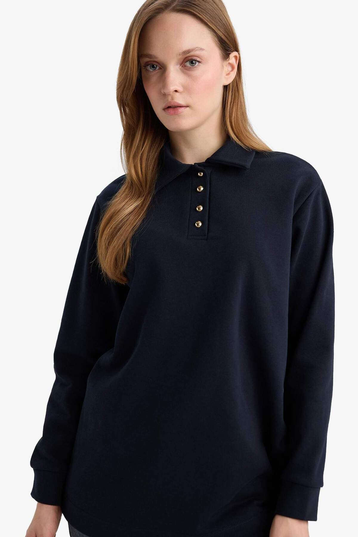 DeFacto Regular Fit Polo Yaka Uzun Kollu Sweatshirt Tunik G6613AX25WN görsel 3