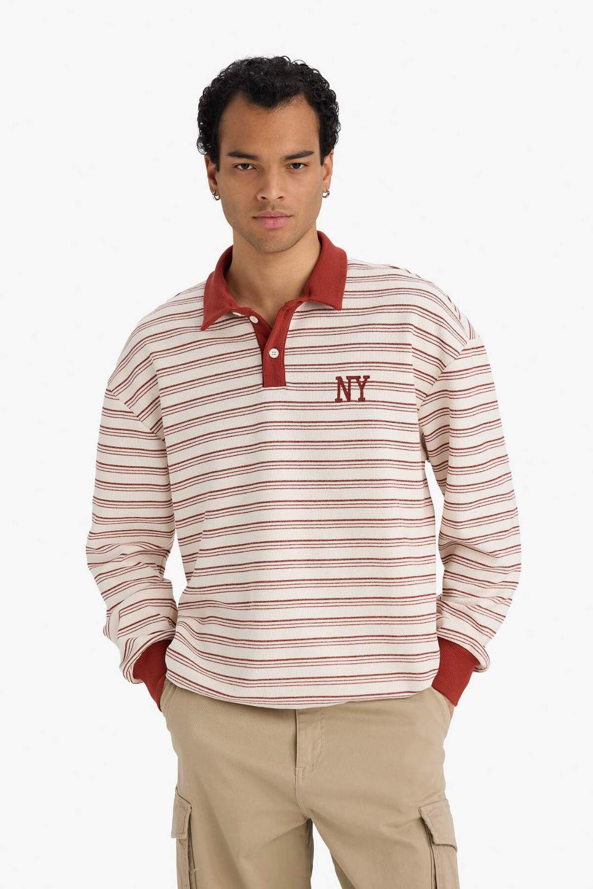 Boxy Fit Polo Yaka Baskılı Çizgili Sweatshirt G7003AX25WN — اکرو — تصویر 3 از 5