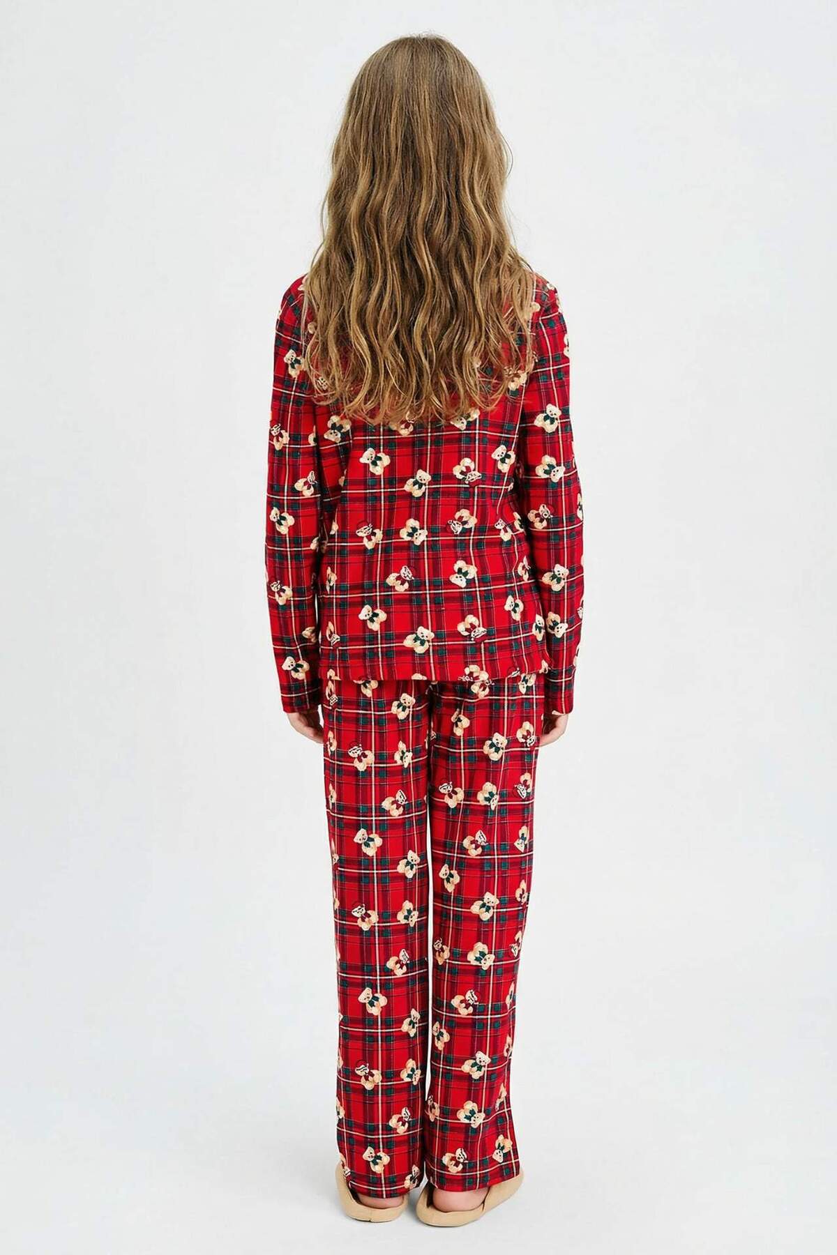 Defacto %100 Pamuklu Kareli Ayıcıklı Pijama Takımı Kız Çocuk G7434A825WN fotoğrafı 4 (önizleme)