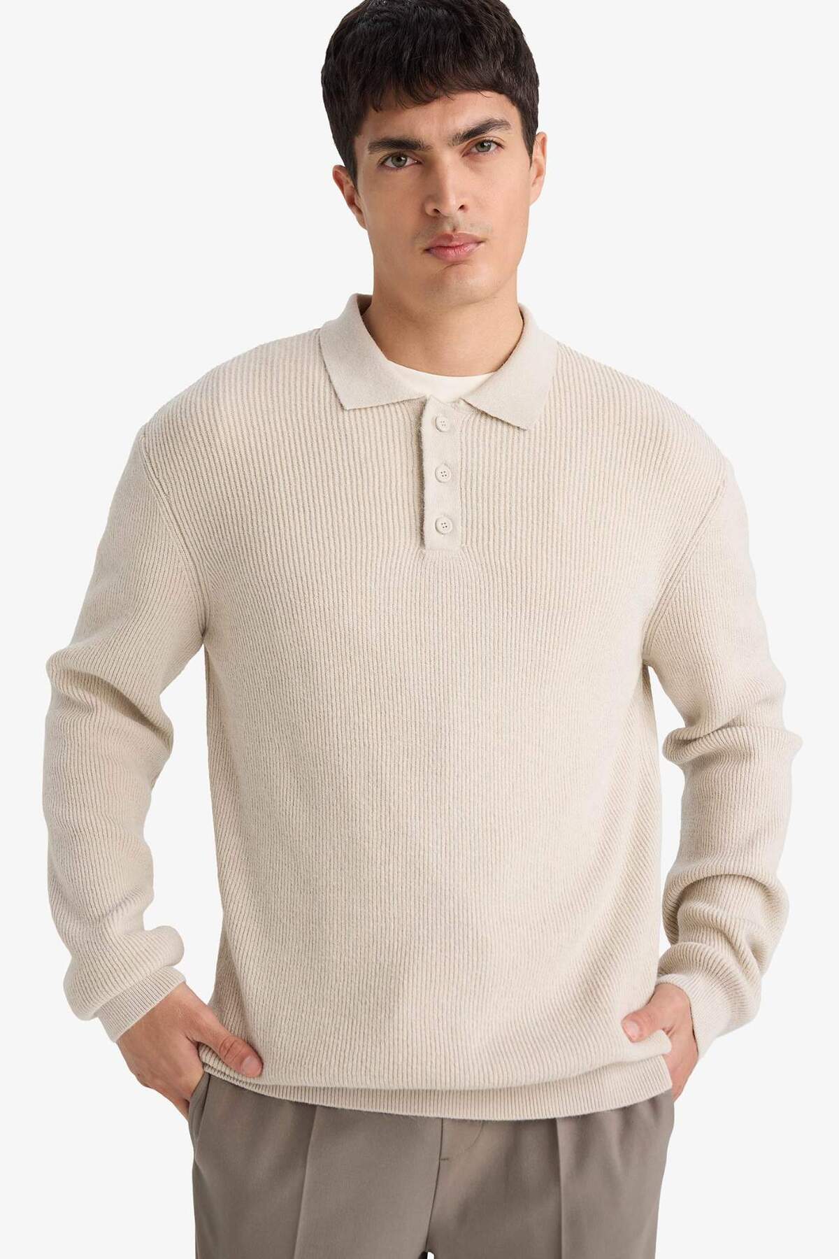 Defacto Standard Fit Polo Collar Knitwear Sweater D3589Ax25Wn