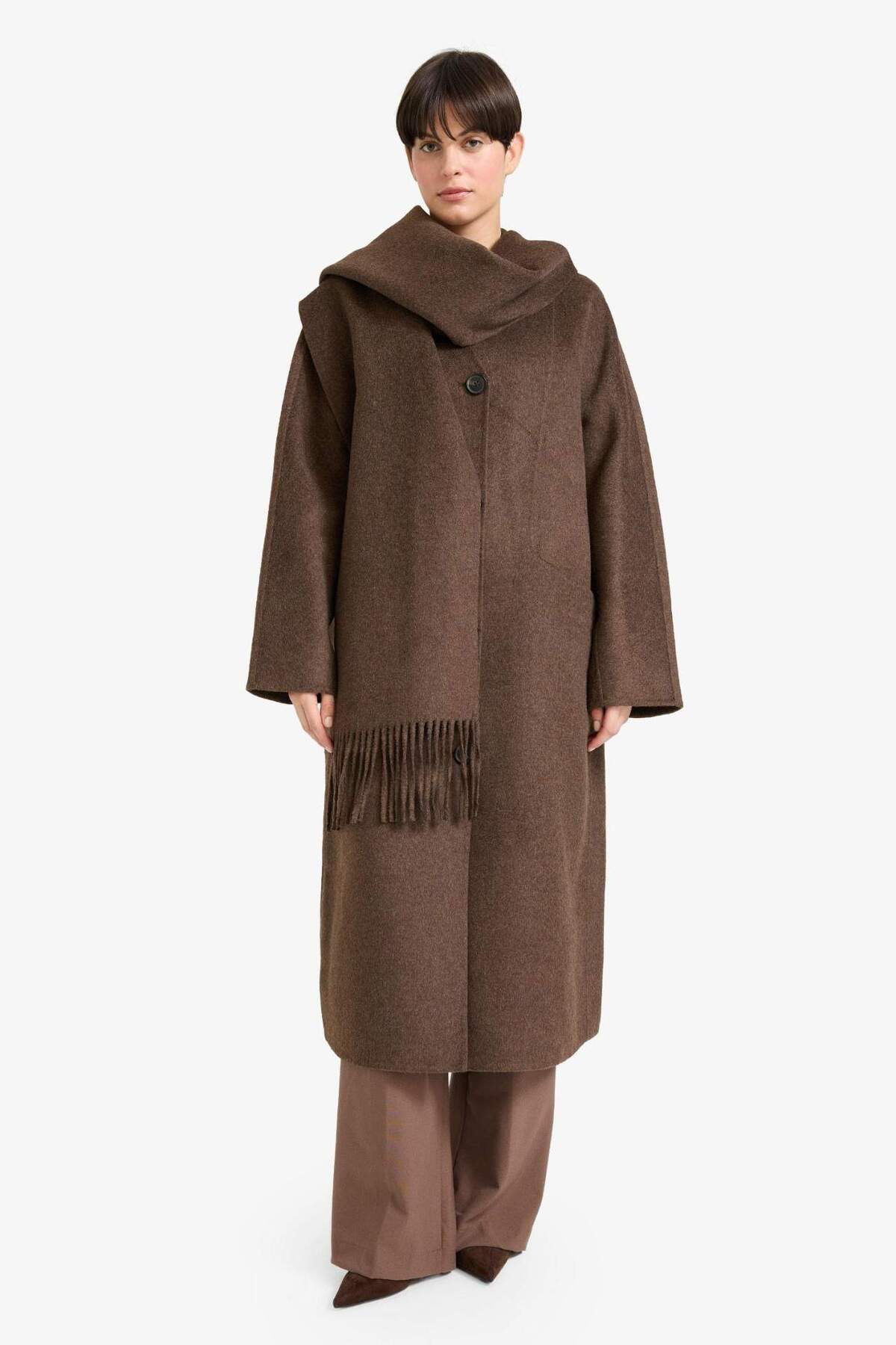 Defacto  Yün Karışımlı Çıkarılabilir Atkılı Relax Fit Uzun Kaşe Kaban F5550AX25WN - Görsel 6