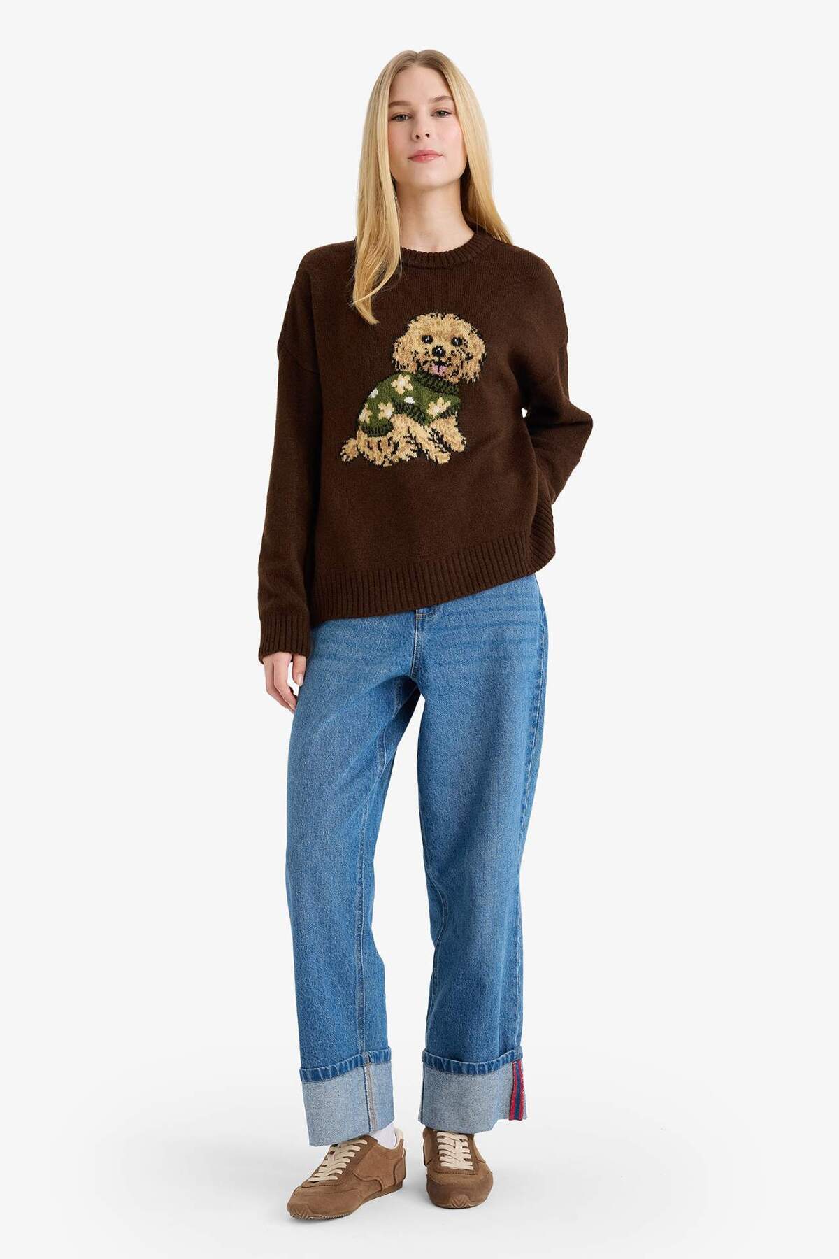 Defacto  Regular Fit Bisiklet Yaka Köpek Desenli Triko Kazak G6225AX25WN - Görsel 2