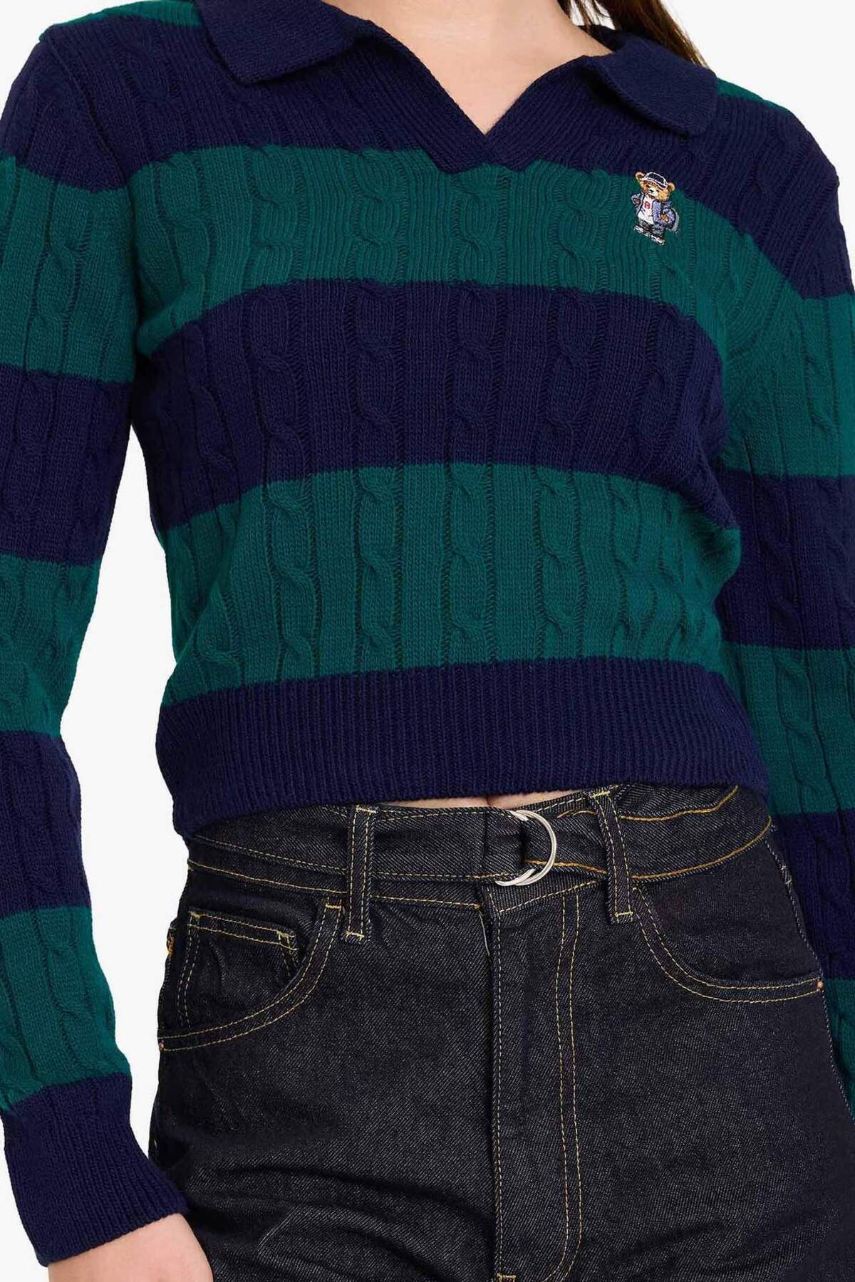 DeFacto Regular Fit Polo Yaka Çizgili Saç Örgülü Kazak G8018AX26SP görsel 4