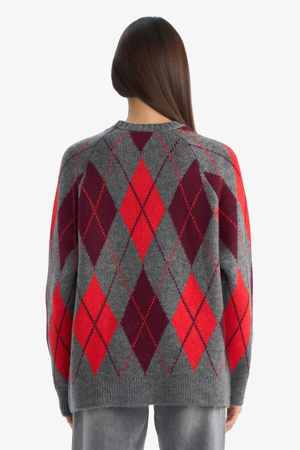 Defacto  Oversize Geniş Kalıp Bisiklet Yaka Baklava Desenli Triko Kazak G4418AX25WN - Görsel 5