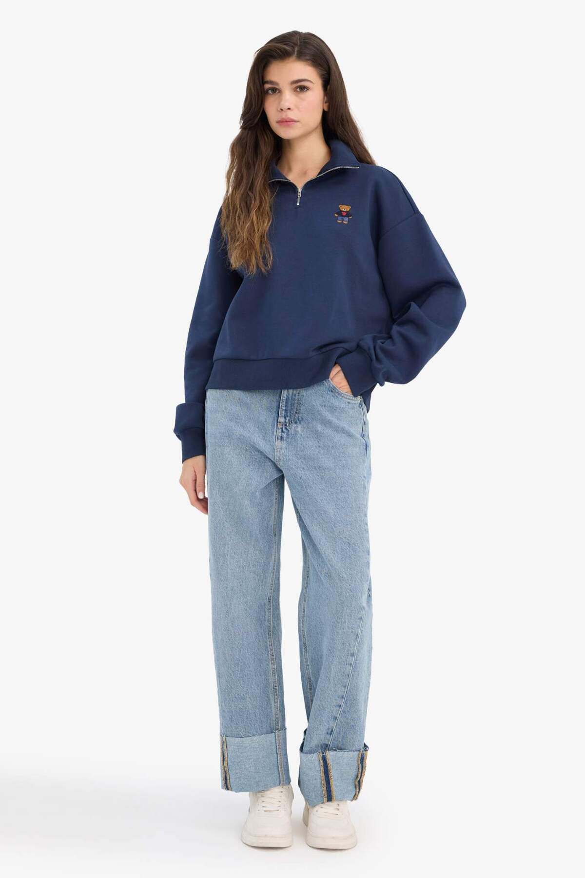 Defacto  Oversize Geniş Kalıp Yarım Fermuarlı Baskılı Kalın Sweatshirt G7217AX25CW - Görsel 2