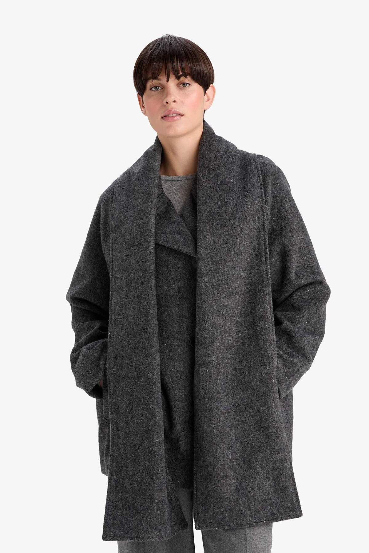 Defacto  Regular Fit Yün Karışımlı Çıkarılabilir Atkılı Kısa Kaşe Kaban F7355AX26SP - Görsel 5