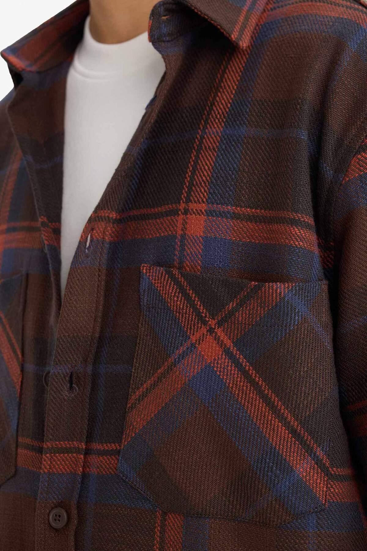 %100 Pamuk Regular Fit Polo Yaka Kareli Flanel Uzun Kollu Gömlek G2331AX25AU — قهوه‌ای E801GY116427 — تصویر 4 از 5