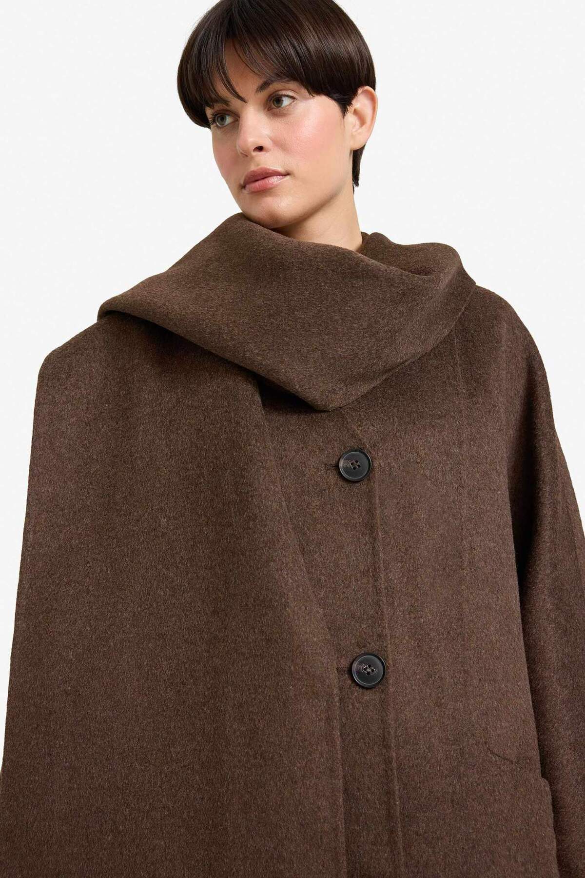 Defacto  Yün Karışımlı Çıkarılabilir Atkılı Relax Fit Uzun Kaşe Kaban F5550AX25WN - Görsel 8