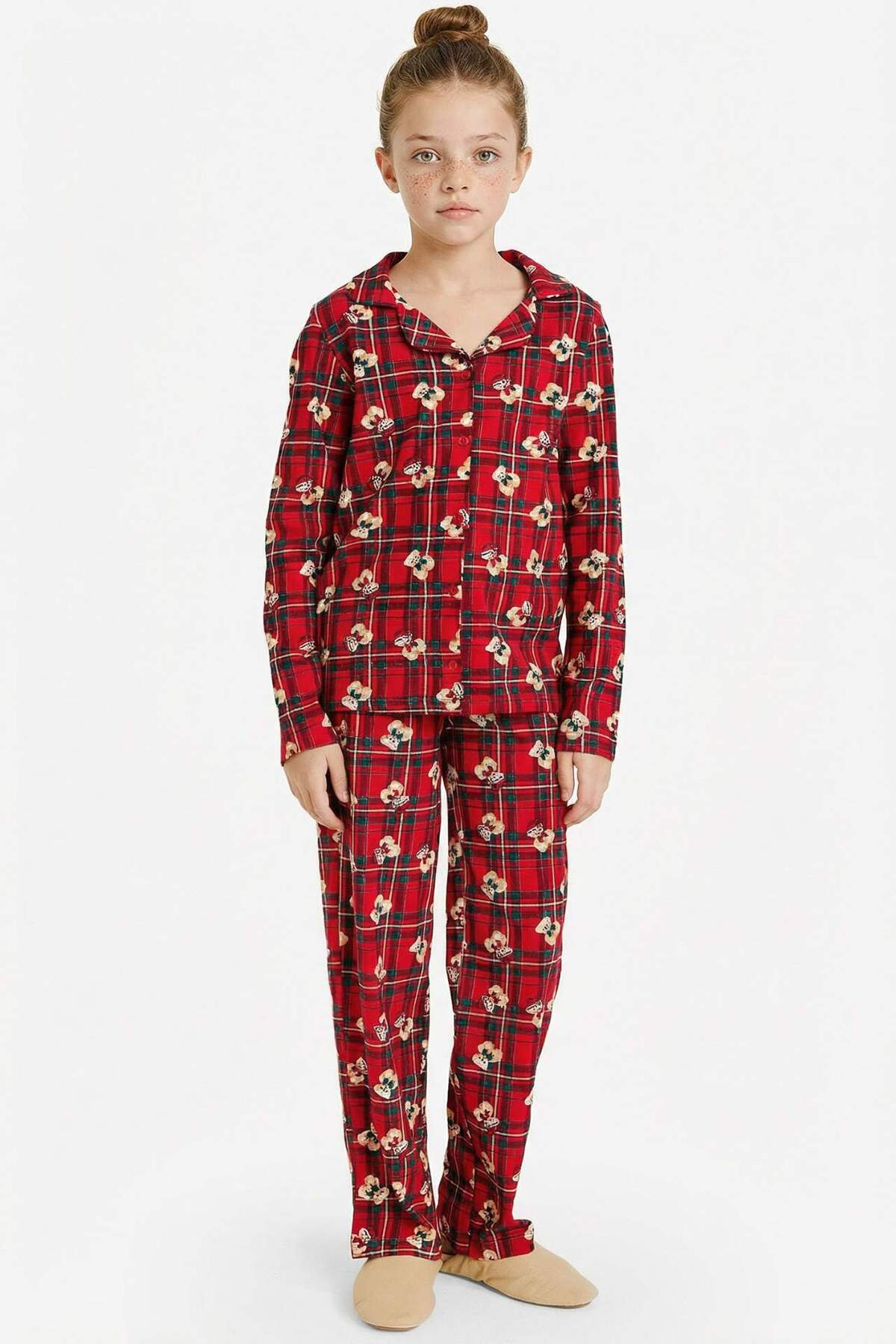 Defacto %100 Pamuklu Kareli Ayıcıklı Pijama Takımı Kız Çocuk G7434A825WN fotoğrafı 2 (önizleme)