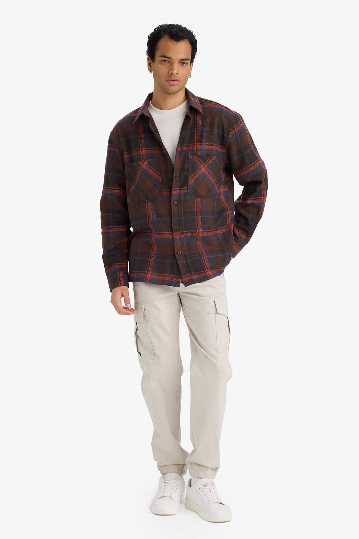 %100 Pamuk Regular Fit Polo Yaka Kareli Flanel Uzun Kollu Gömlek G2331AX25AU — قهوه‌ای E801GY116427 — تصویر 2 از 5