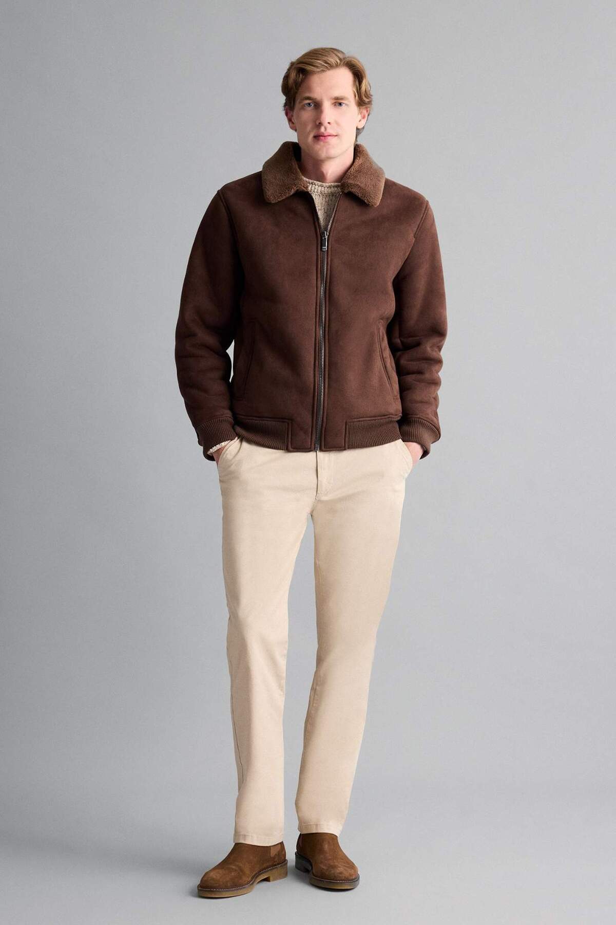 Defacto  Slim Fit Dar Kesim Kürklü Polo Yaka Astarlı Fermuarlı Cepli Süet Mont A3869AX25WN - Görsel 2