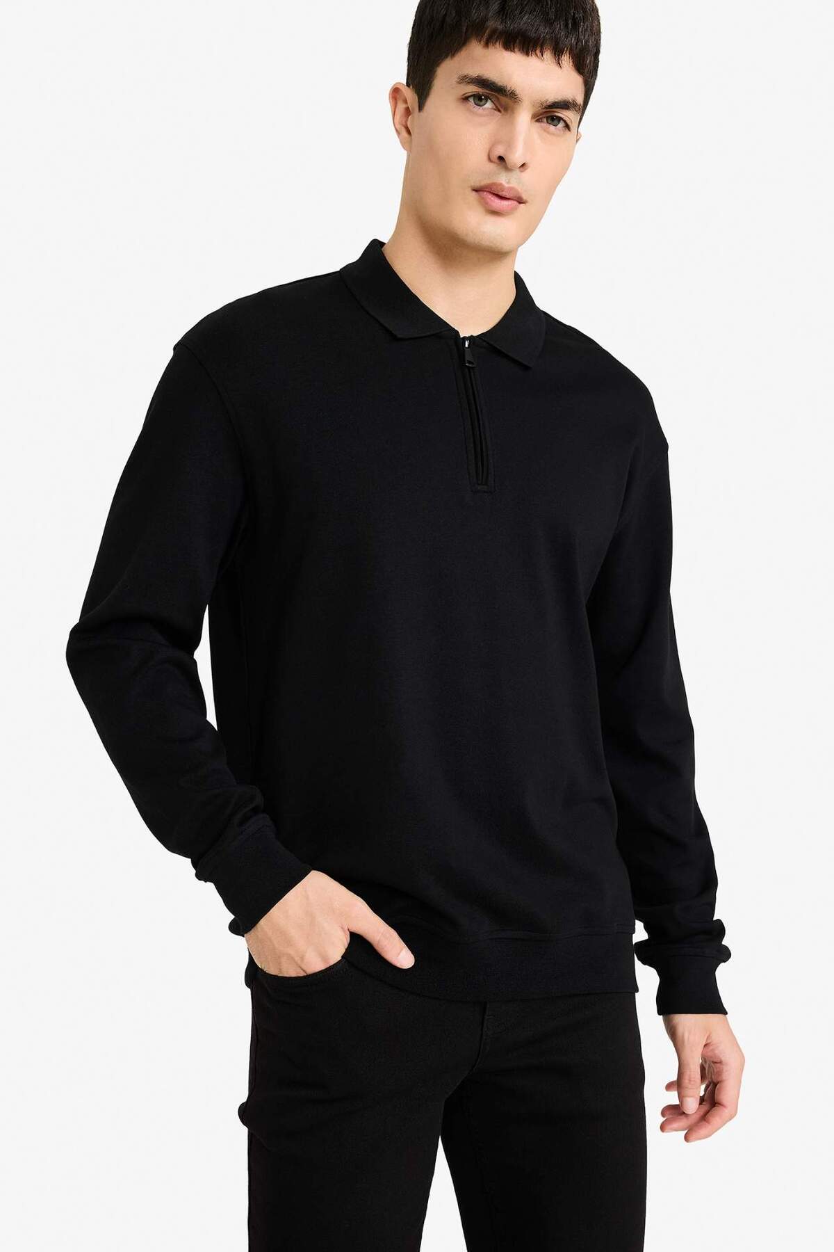 %100 Pamuk Yarım Fermuarlı Sweatshirt F2254AX25WN — مشکی — تصویر 3 از 5