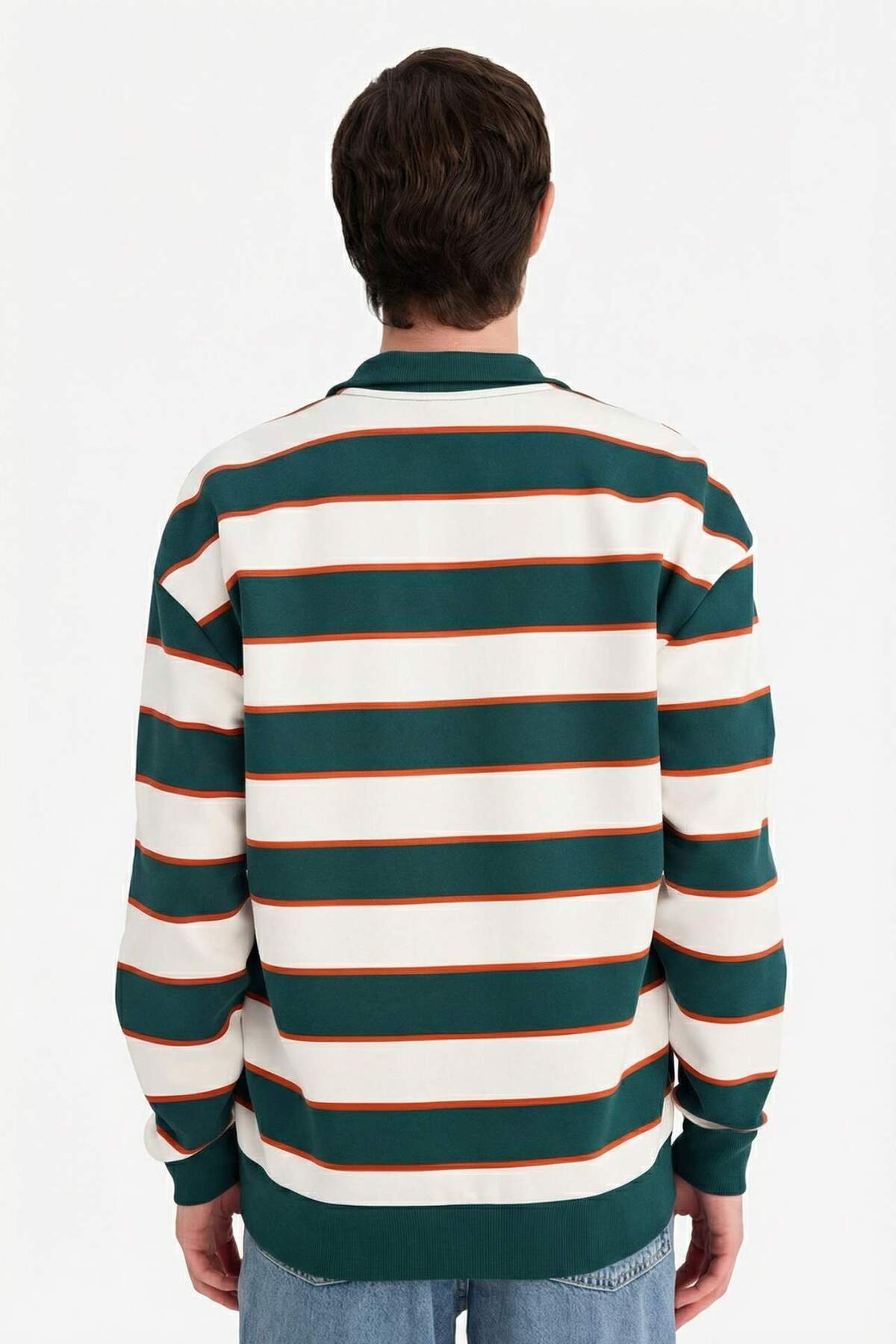 Boxy Fit Dik Yaka Yarım Fermuarlı Çizgili Sweatshirt G5021AX25WN — سبز — تصویر 5 از 5