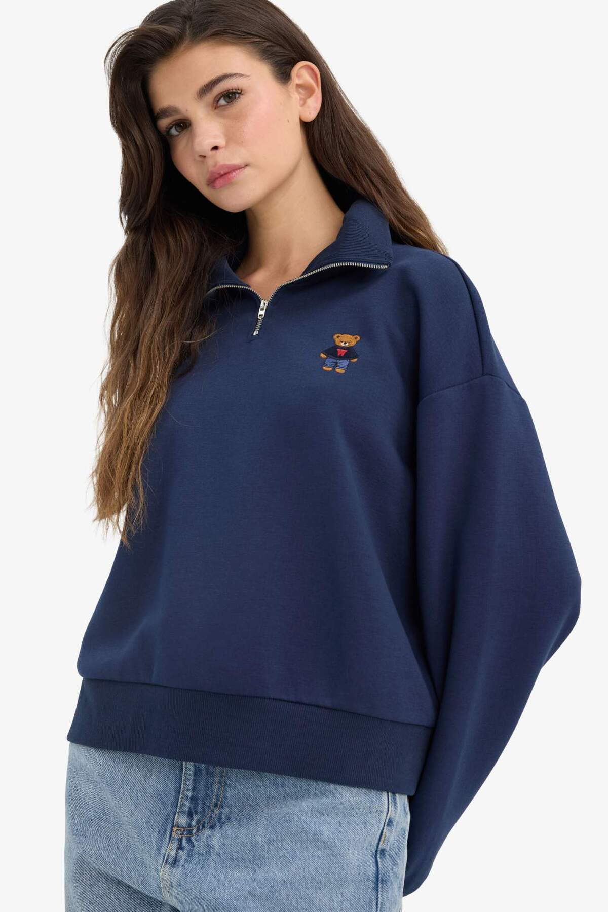 Defacto  Oversize Geniş Kalıp Yarım Fermuarlı Baskılı Kalın Sweatshirt G7217AX25CW