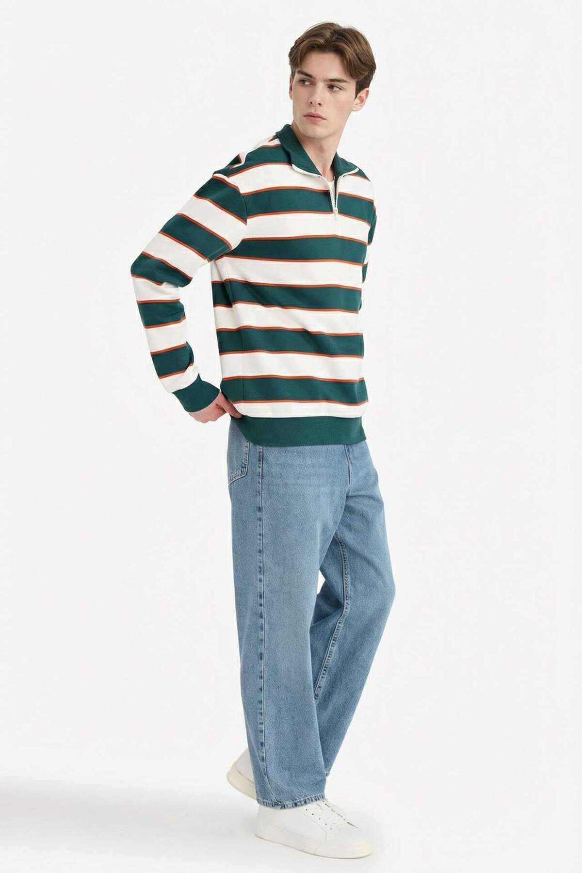 Boxy Fit Dik Yaka Yarım Fermuarlı Çizgili Sweatshirt G5021AX25WN — سبز — تصویر 2 از 5