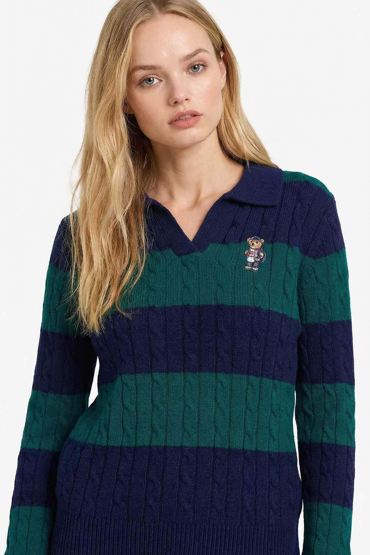 DeFacto Regular Fit Polo Yaka Çizgili Saç Örgülü Kazak G8018AX26SP görsel 3