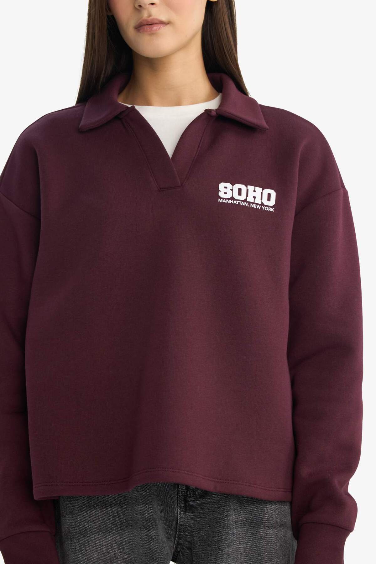Defacto  Oversize Geniş Kalıp Polo Yaka Baskılı Sweatshirt G3721AX25WN - Görsel 4