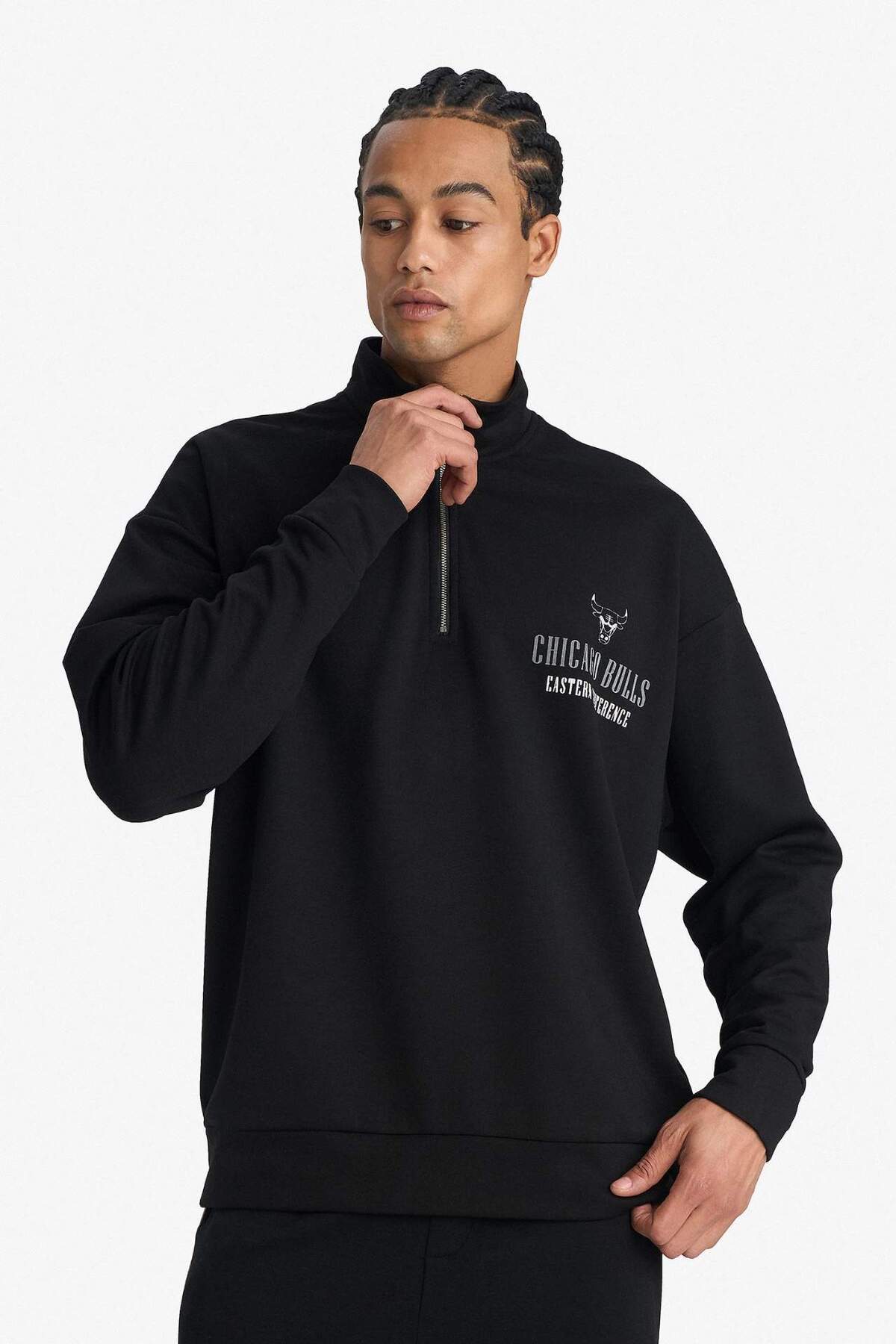 DeFacto NBA Chicago Bulls Oversize Geniş Kalıp Dik Yaka Fermuarlı Sweatshirt F9813AX25AU görsel 4
