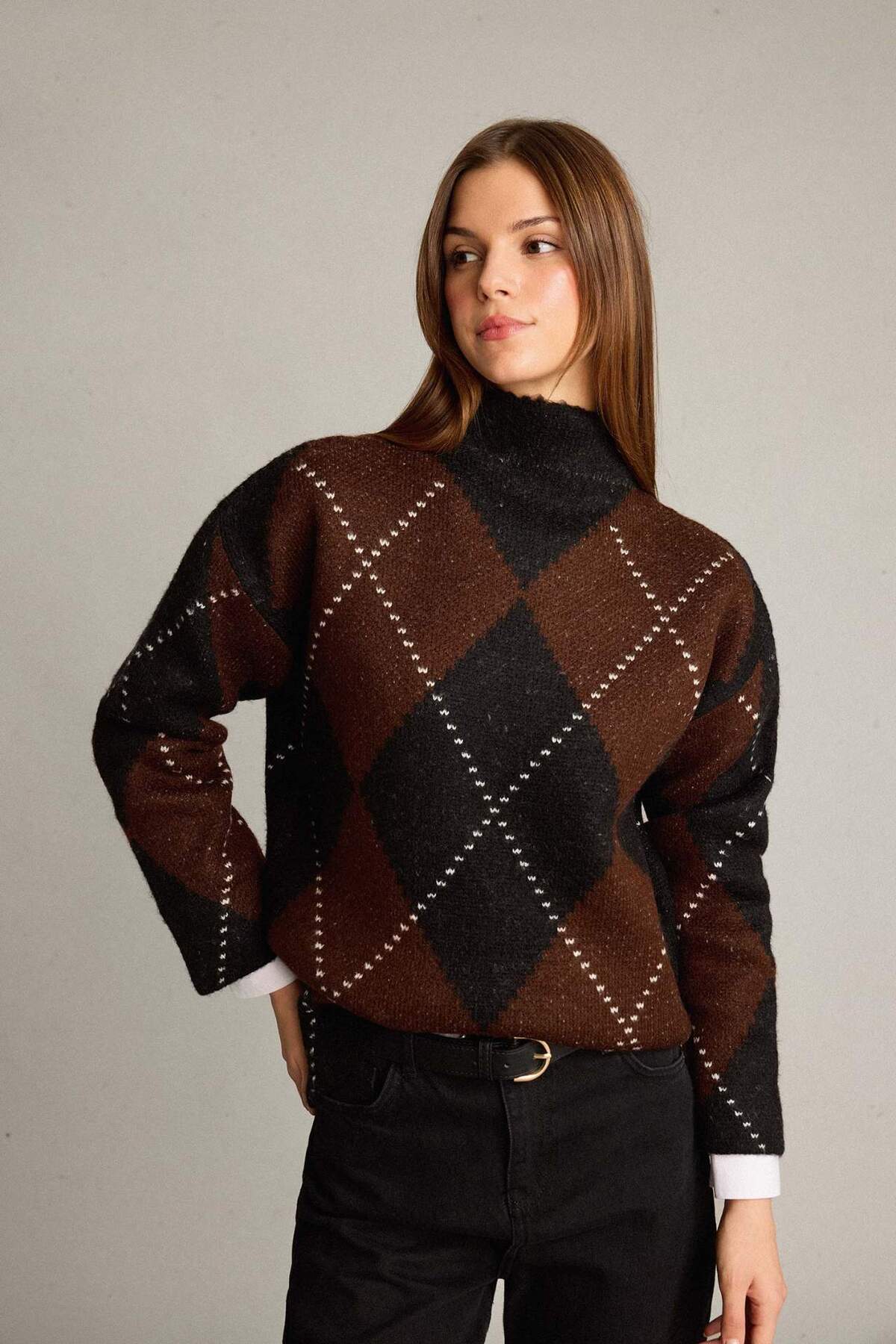 Defacto  Overshirt Fit Yarım Balıkçı Yaka Baklava Desenli Triko Kazak G7522AX25WN