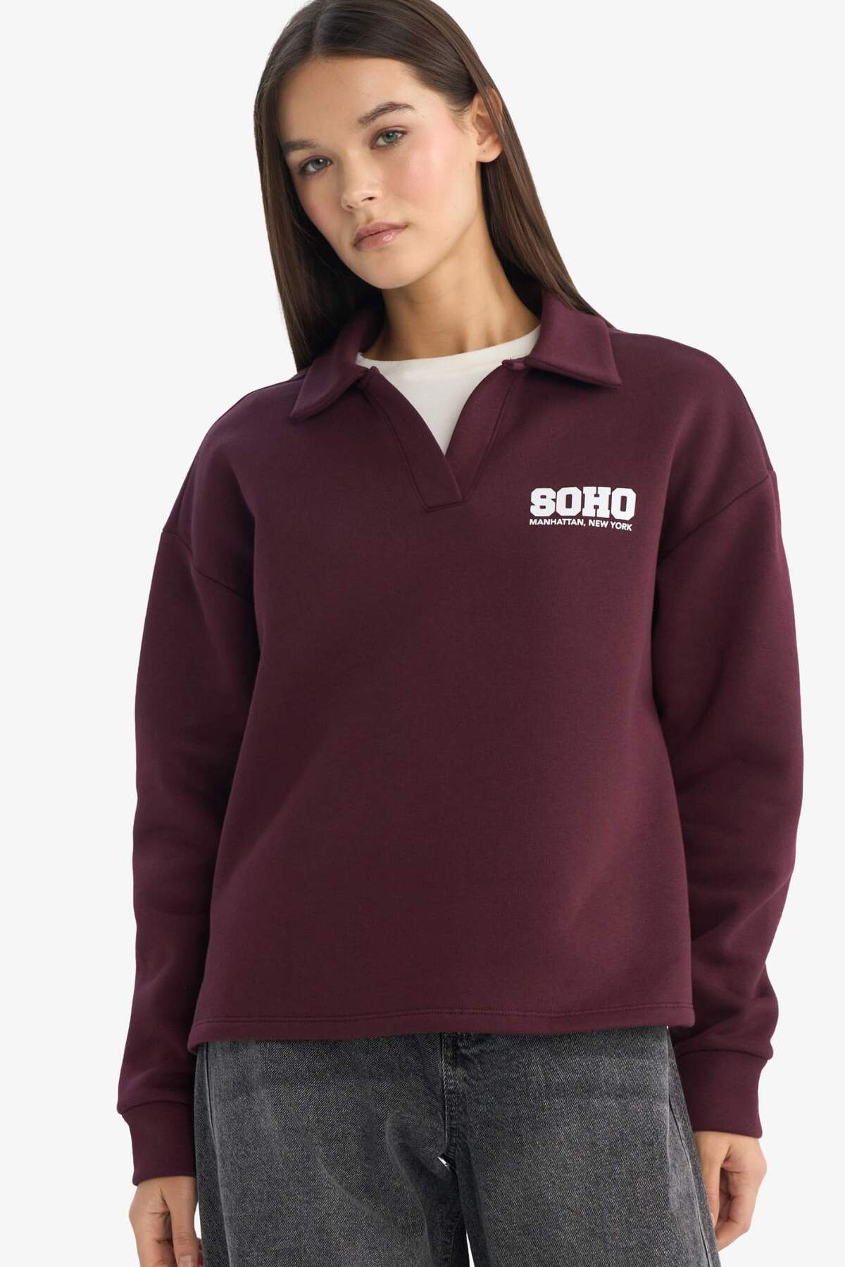 Defacto  Oversize Geniş Kalıp Polo Yaka Baskılı Sweatshirt G3721AX25WN