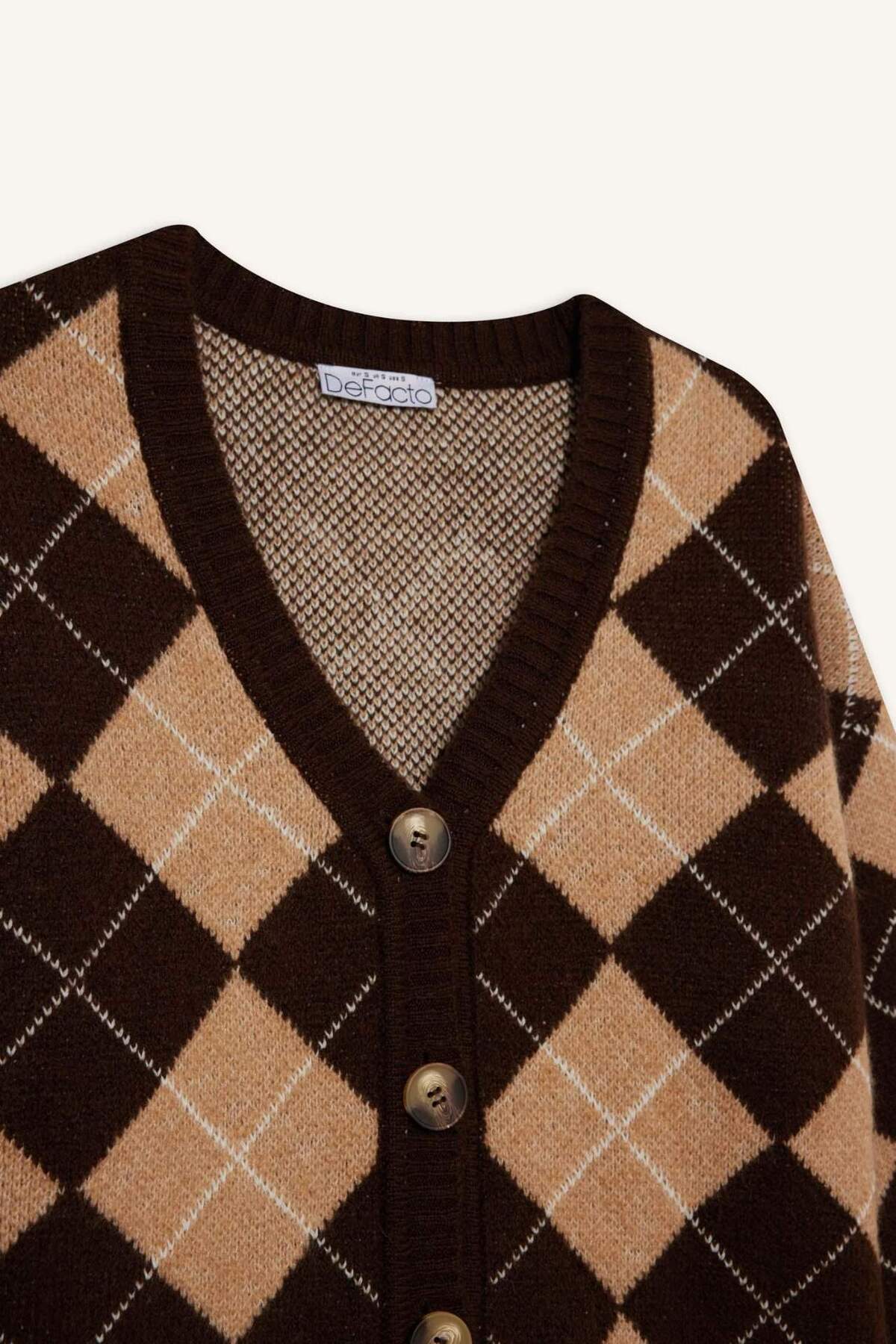 Defacto  Regular Fit V Yaka Baklava Desenli Düğmeli Hırka G3795AX25WN - Görsel 3