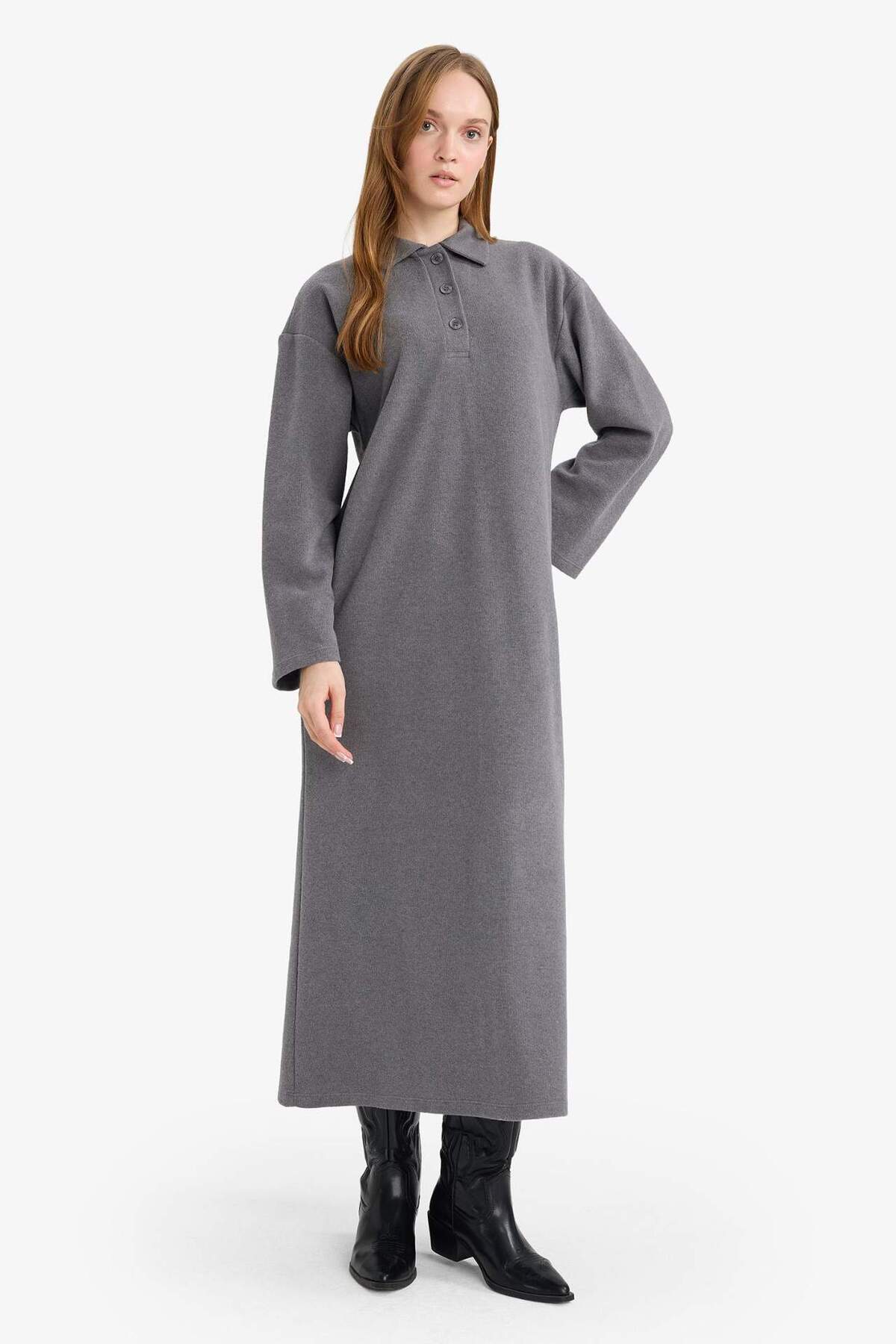 DeFacto Regular Fit Polo Yaka Uzun Kollu Maxi ElbiseG1886AX25WN görsel 2