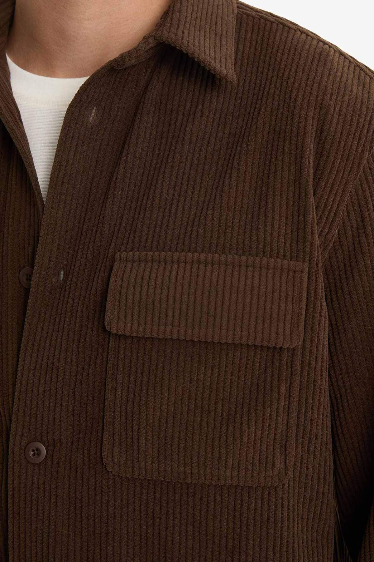 Defacto  Regular Fit Polo Yaka Kadife Uzun Kollu Gömlek E9587AX25WN - Görsel 5