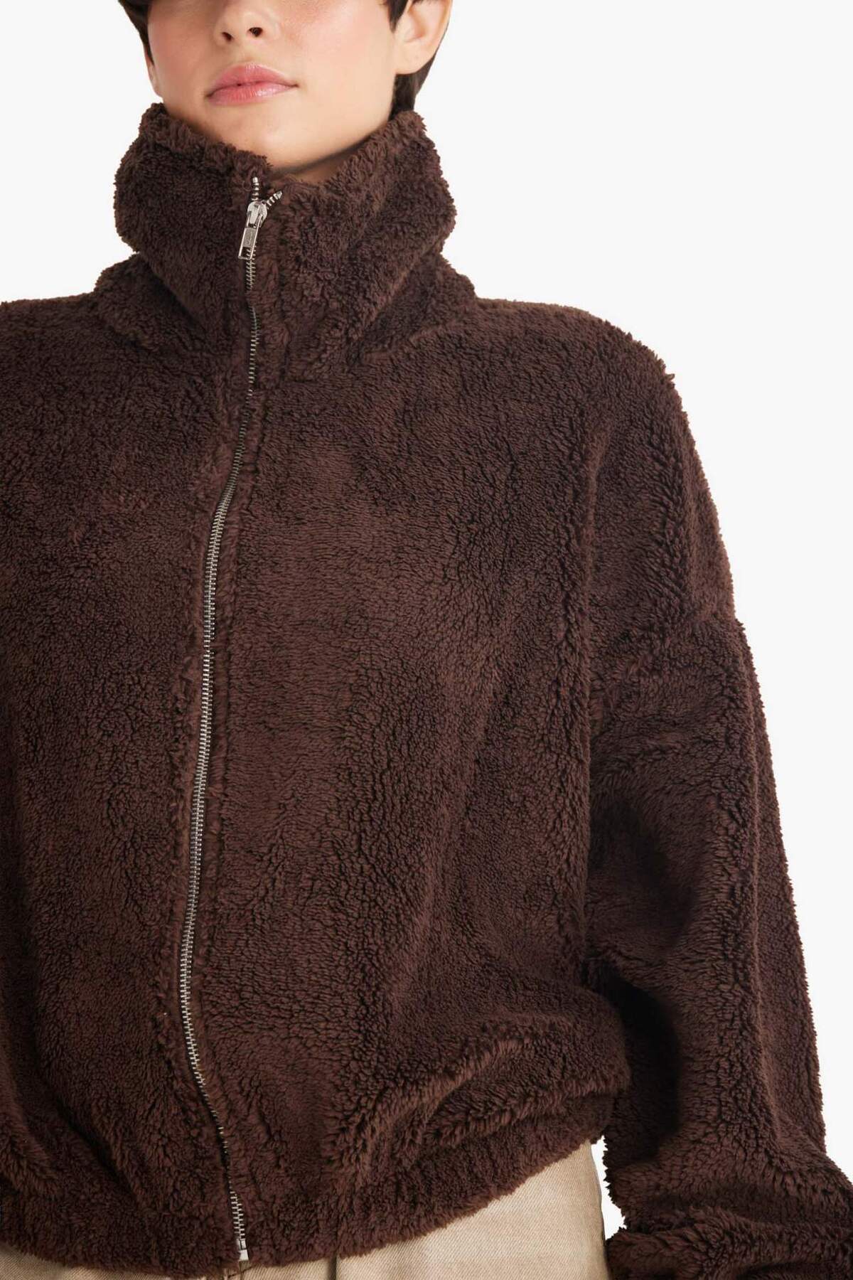 Defacto  Oversize Geniş Kalıp Polo Yaka Welsoft Pelüş Fermuarlı Hırka C8229AX25WN - Görsel 4