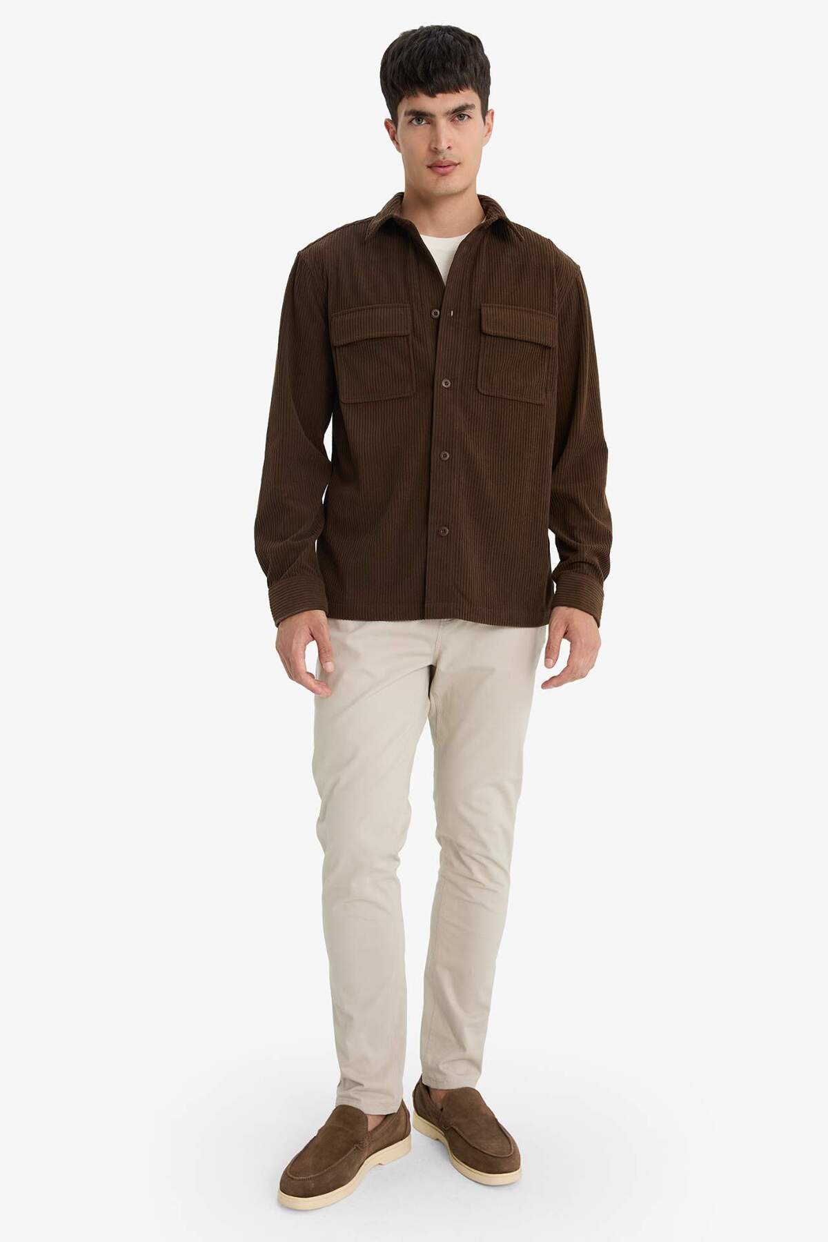 Defacto  Regular Fit Polo Yaka Kadife Uzun Kollu Gömlek E9587AX25WN - Görsel 2