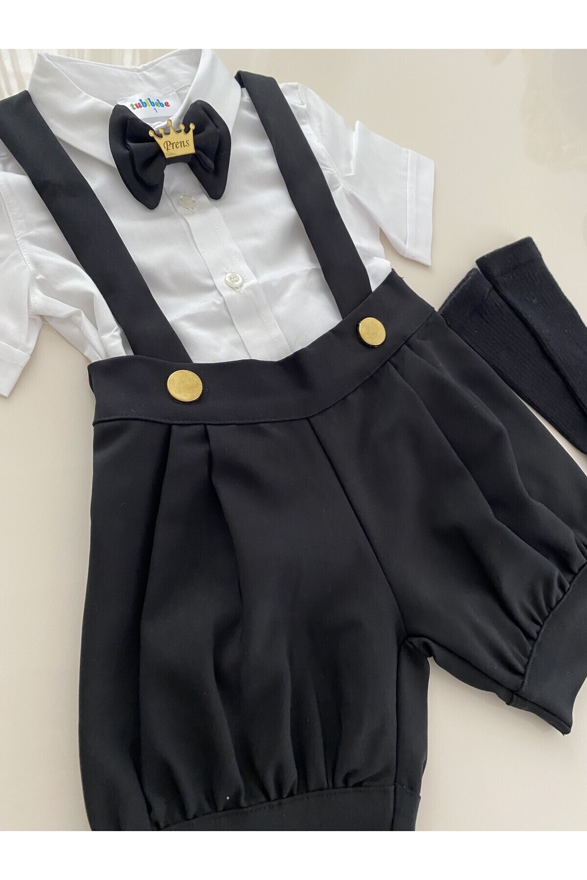 tubibebe Siyah & Gold Pileli Şort Salopet Takım - Erkek Bebek Doğum Günü Kıyafeti - Özel Gün Kostümü fotoğrafı 4 (önizleme)