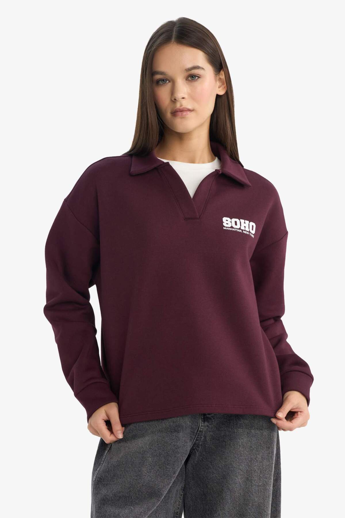 Defacto  Oversize Geniş Kalıp Polo Yaka Baskılı Sweatshirt G3721AX25WN - Görsel 3