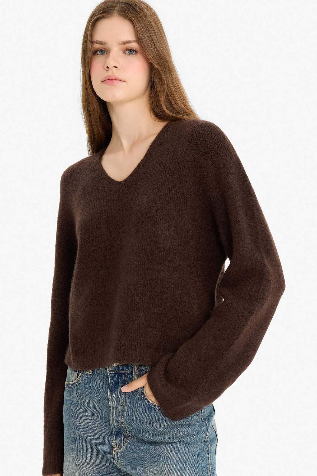 Defacto  V Yaka Yumuşak Dokulu Dikişsiz Triko Kazak F4800AX25WN - Görsel 7