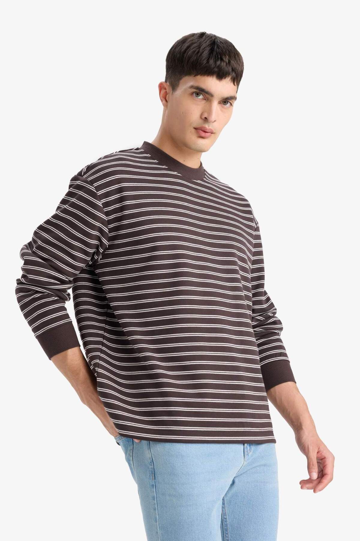 DeFacto Relax Fit Bisiklet Yaka Çizgili Sweatshirt E9408AX25AU görsel 6
