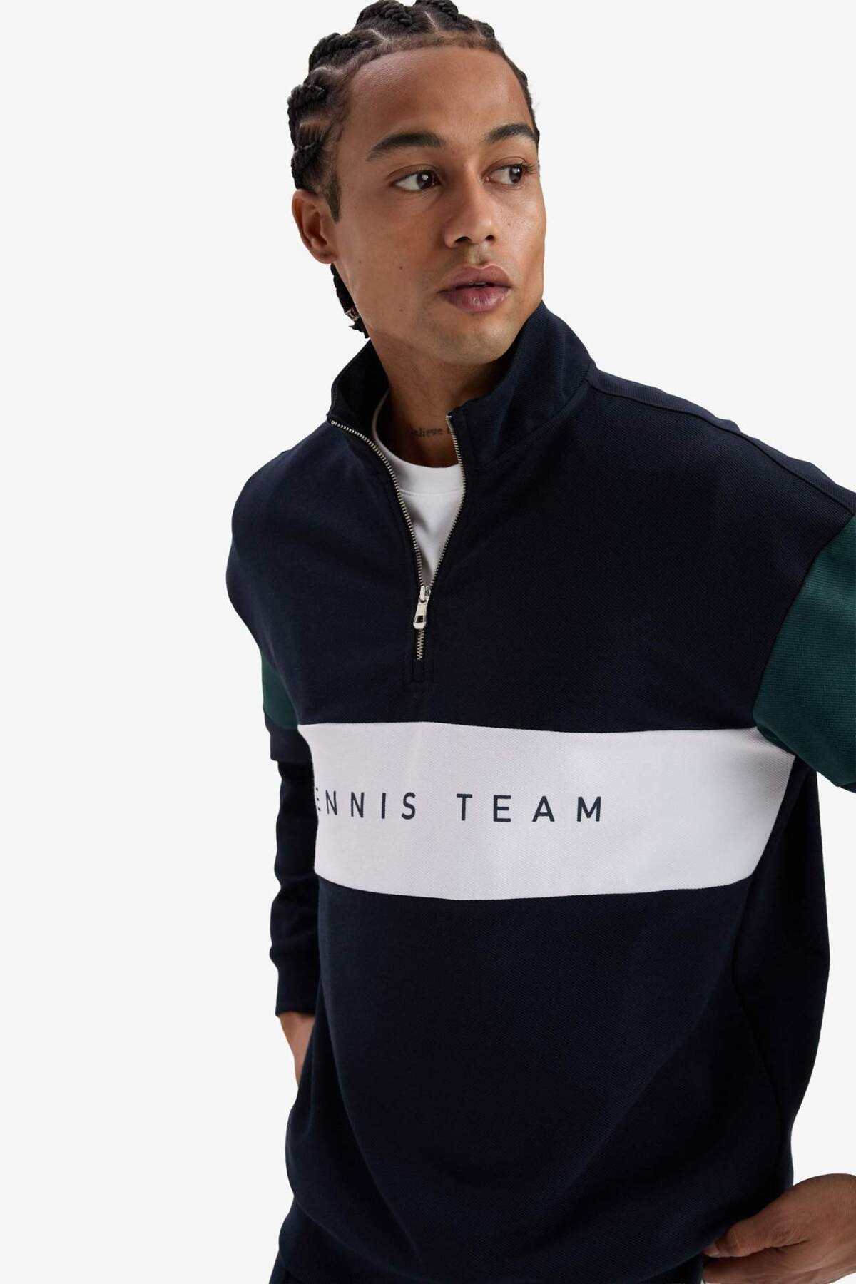 Boxy Fit Dik Yaka Yarım Fermuarlı Sporcu Sweatshirt F0199AX25AU — سرمه‌ای — تصویر 6 از 8