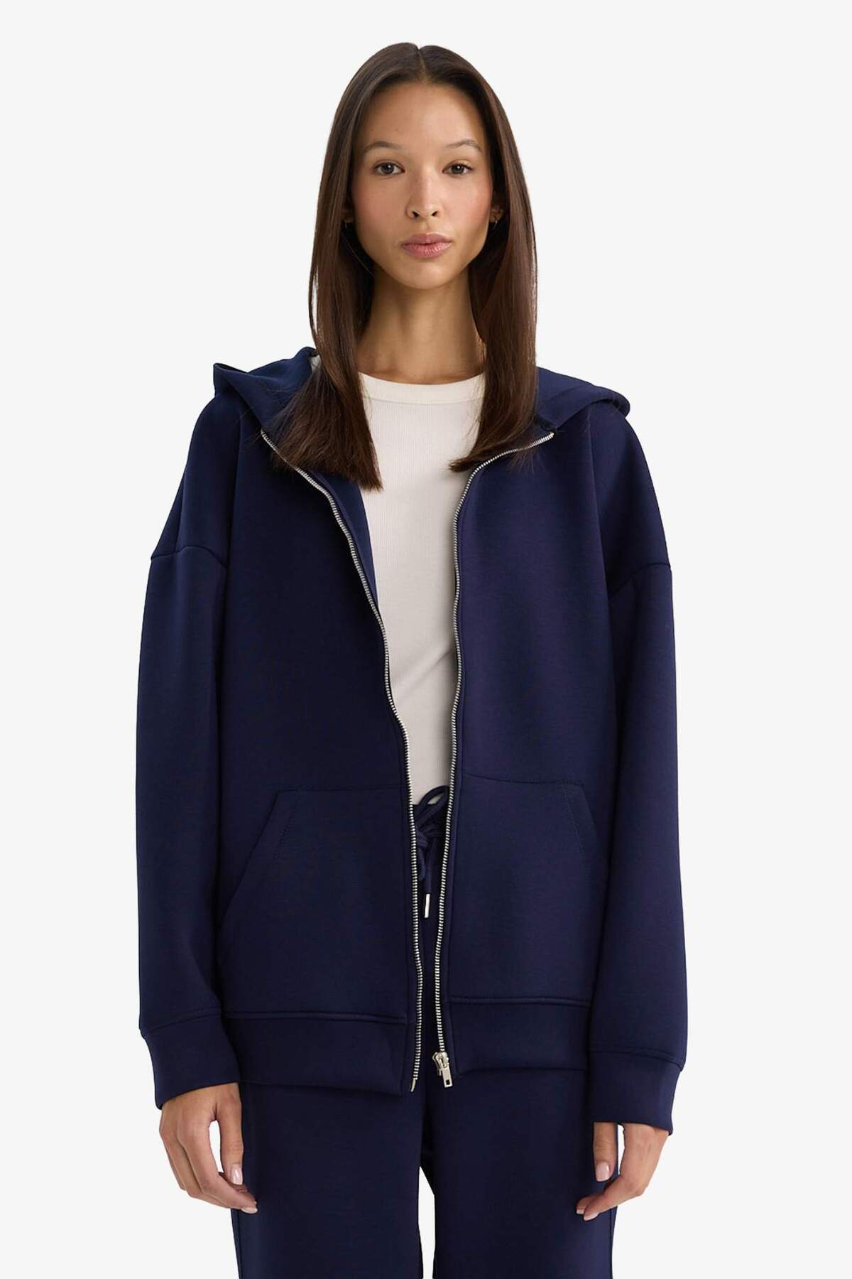 Defacto  Oversize Geniş Kalıp Kapüşonlu Skuba Dalgıç Kumaş Fermuarlı Sweatshirt C6871AX25AU - Görsel 3