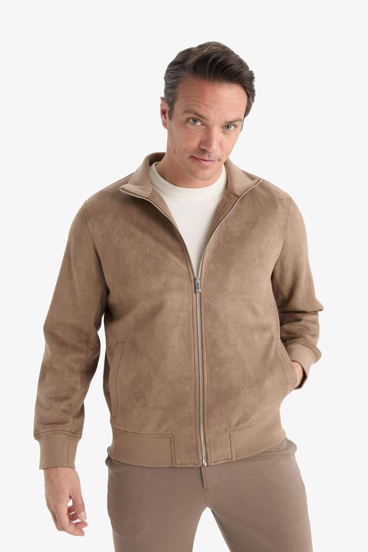 Defacto  Slim Fit Dar Kesim Dik Yaka Astarlı Fermuarlı Cepli Süet Mevsimlik Baharlık Mont D1524AX25AU - Görsel 6