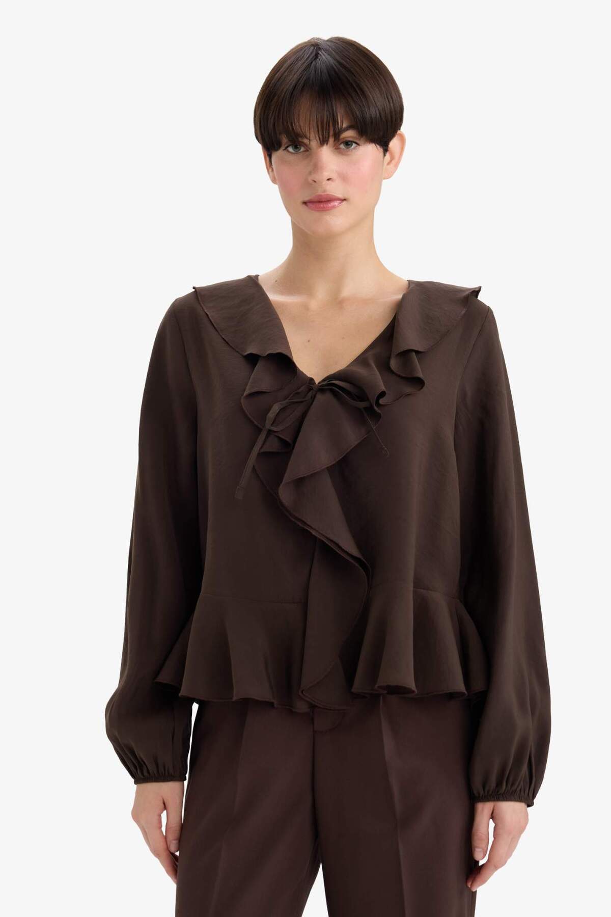 Defacto  Regular Fit V Yaka Modal Volanlı Uzun Kollu Bluz G1971AX25WN - Görsel 3