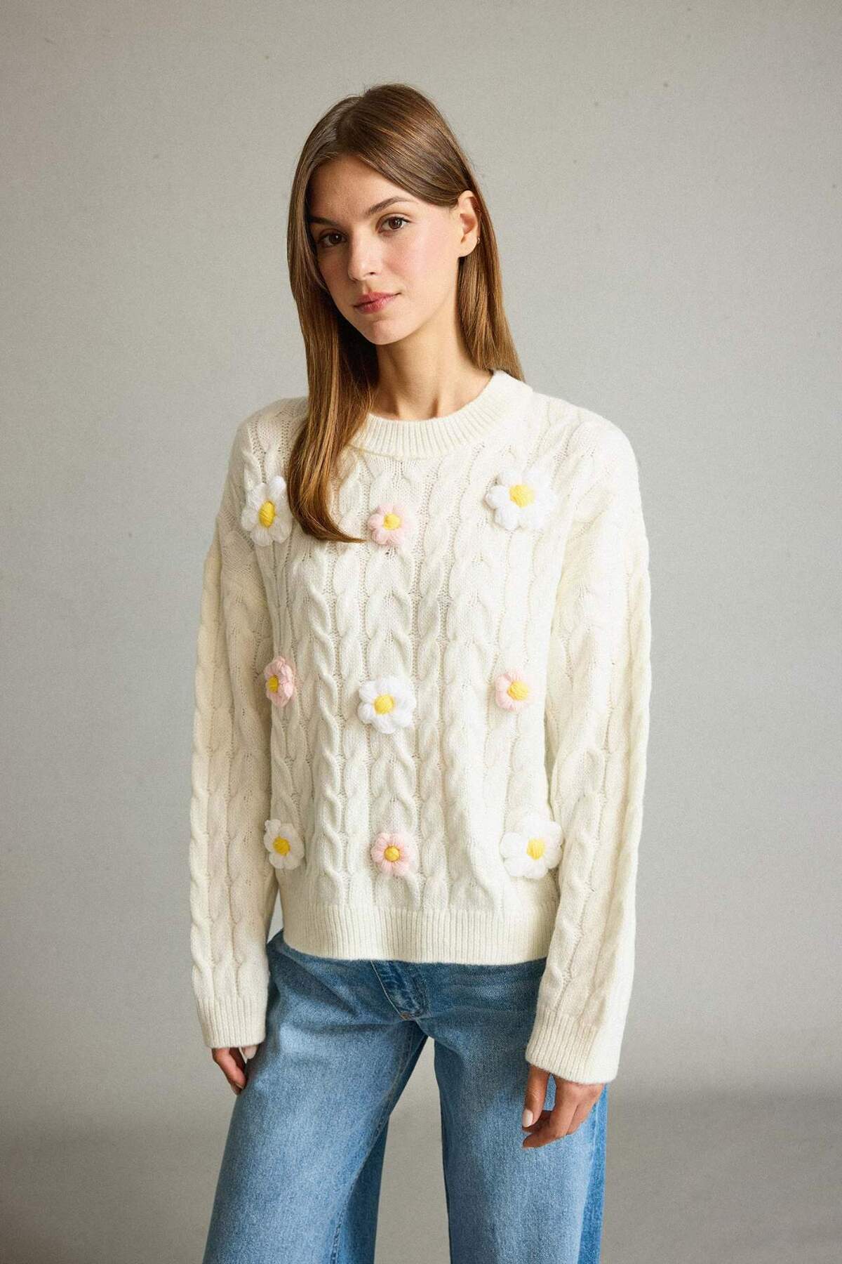 Defacto  Bisiklet Yaka Çiçekli Triko Kazak G3343AX25AU - Görsel 5