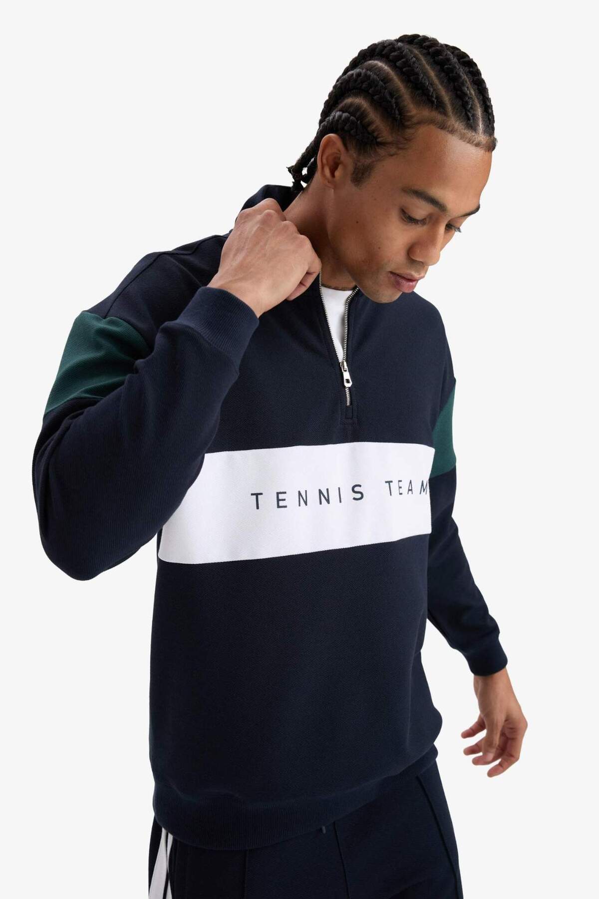 Boxy Fit Dik Yaka Yarım Fermuarlı Sporcu Sweatshirt F0199AX25AU — سرمه‌ای — تصویر 5 از 8
