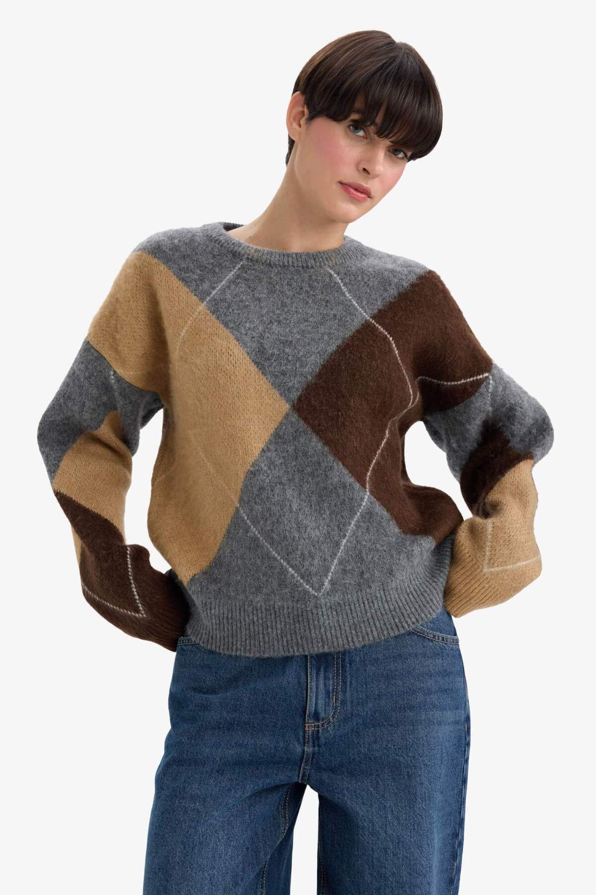 DeFacto Relax Fit Bisiklet Yaka Baklava Desenli Triko Kazak G2185AX25WN görsel 4