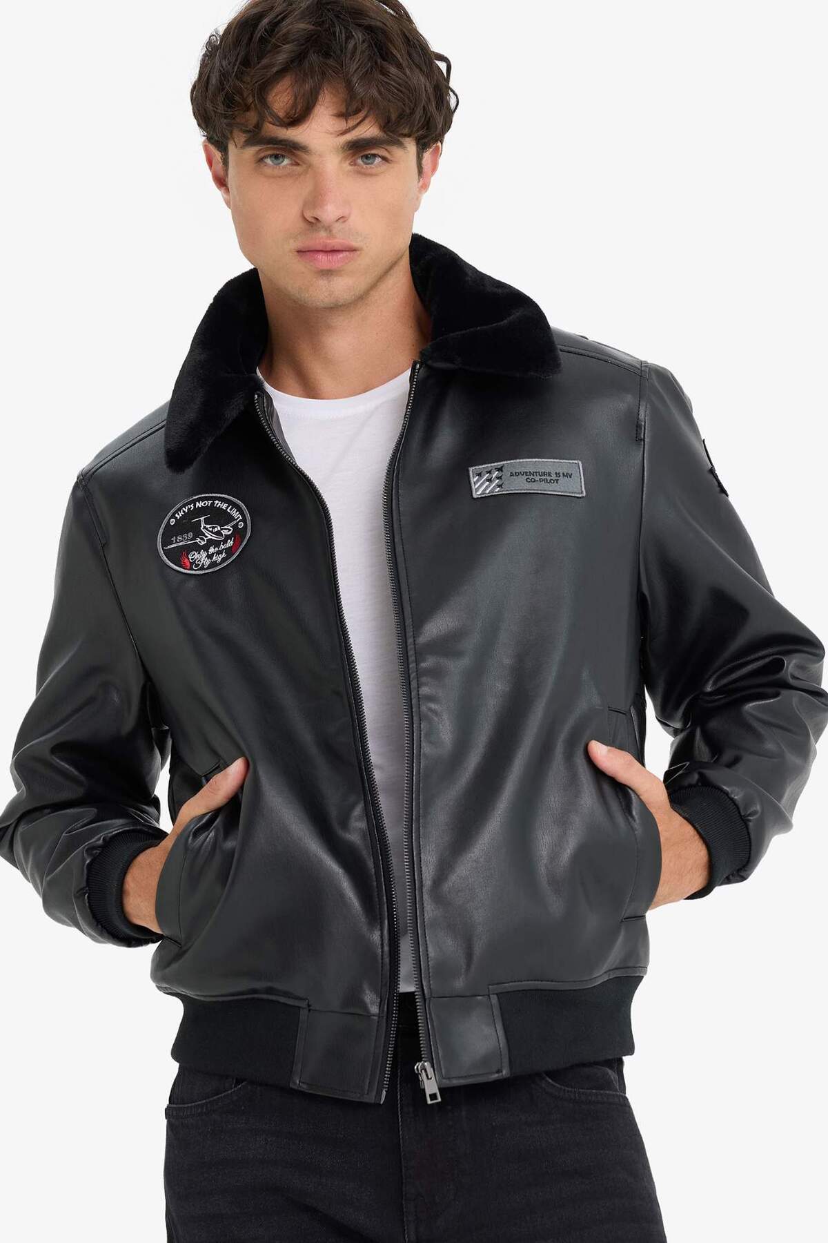 Regular Fit Plush Neck Knitwear Detailed Inner Pockets Faux Leather Pilot Jacket Coat F5137AX25WN