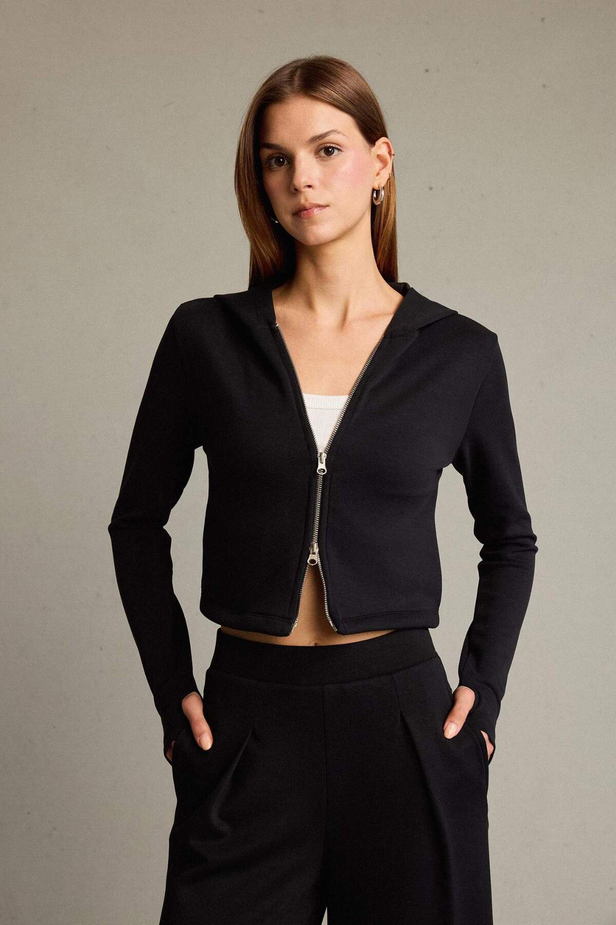 Defacto  Kapüşonlu Fermuarlı Modal Hırka G2956AX25AU - Görsel 3