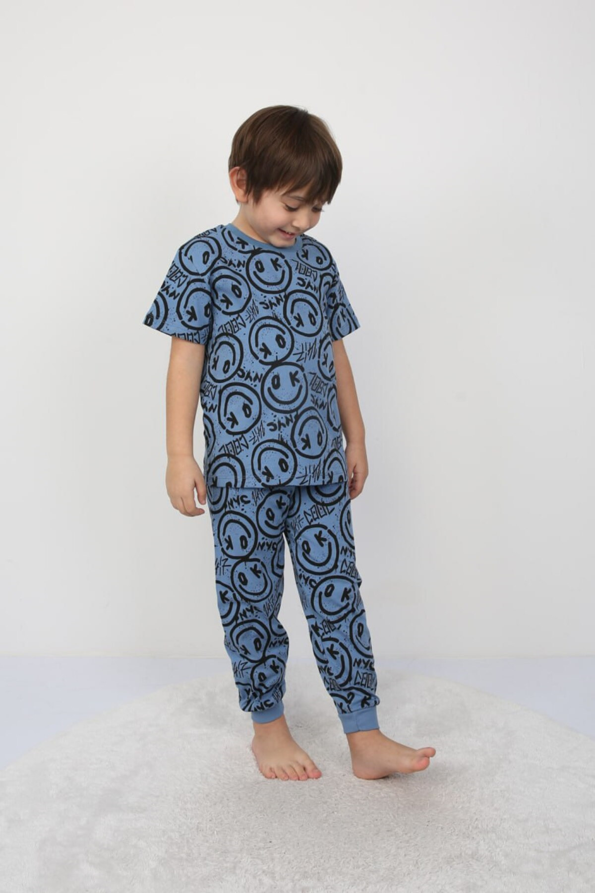 bunny hopp Erkek Çocuk Gülen Yüz Desenli Yazlık Kısa Kollu Pijama Takımı %100 Pamuk Süprem Penye fotoğrafı 2 (önizleme)