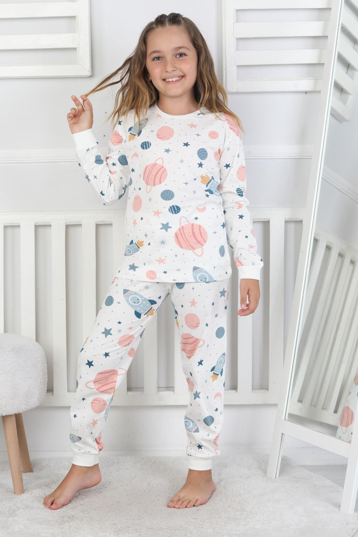 bunny hopp Unisex Çocuk %100 Pamuk Penye Pijama Takımı - Uzun Kollu Uzay Desenli fotoğrafı 4 (önizleme)